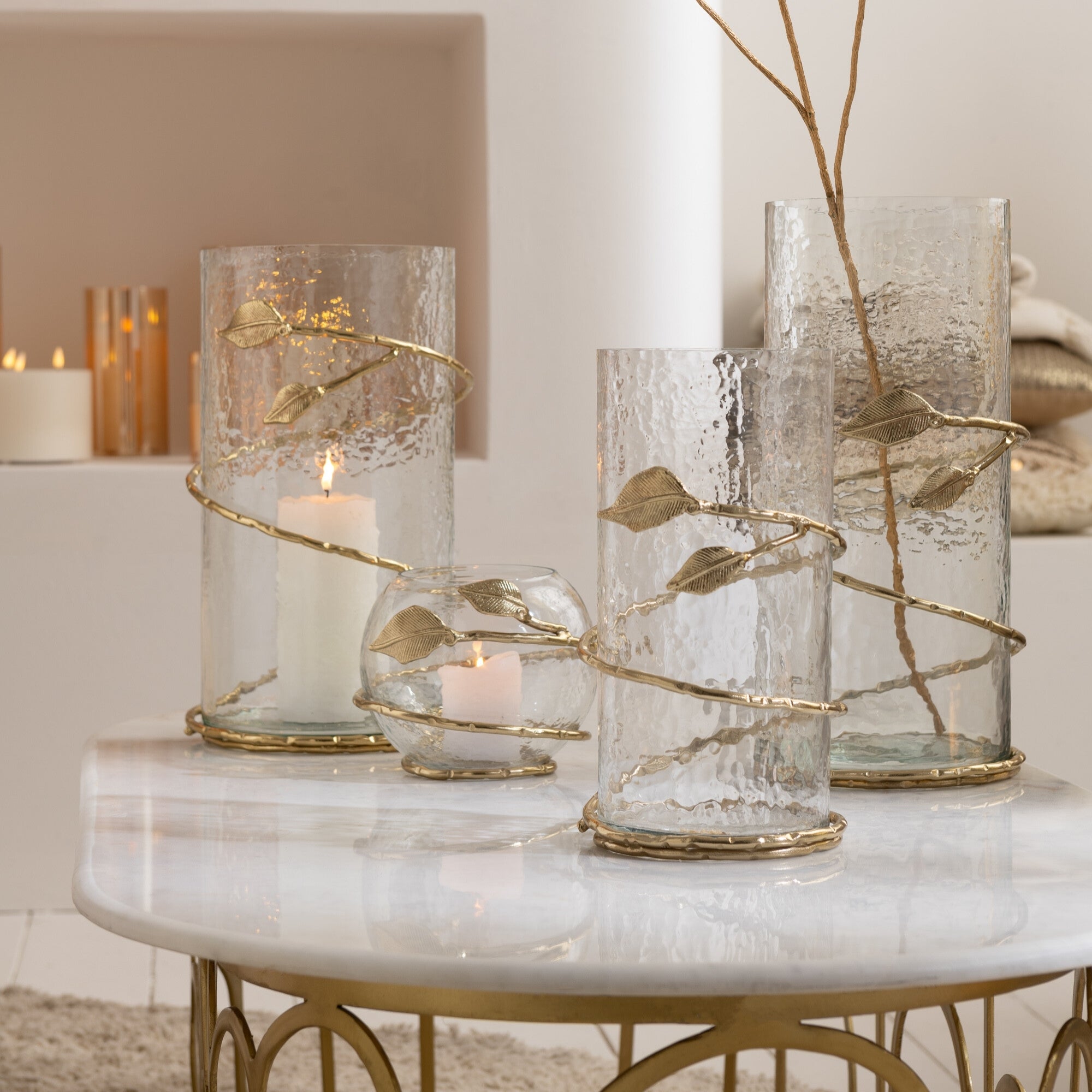 Glazen Windlicht met Gouden Bladeren Ø15x40cm J-Line