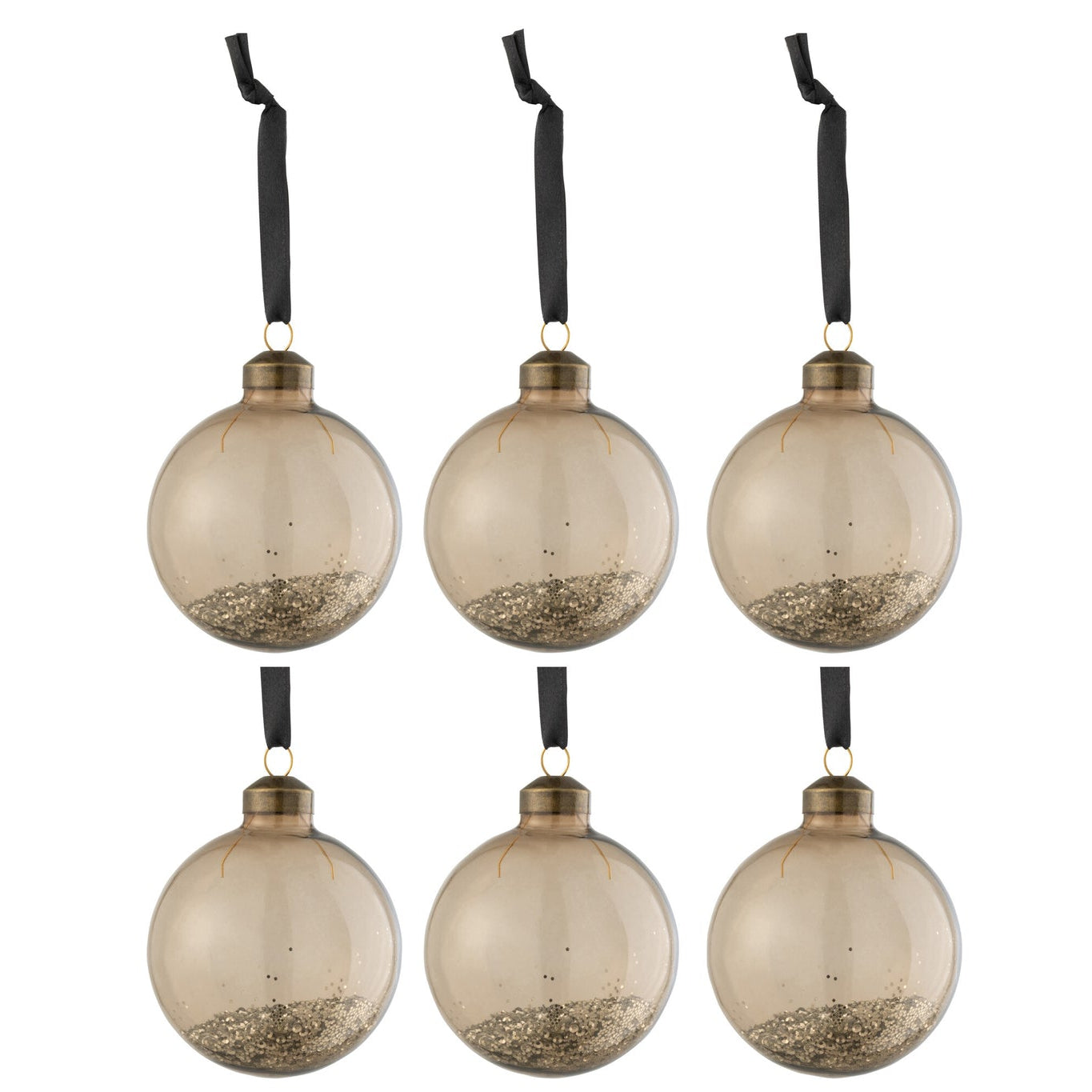 Doos Van 6 Kerstballen Glitter Binnen Glas Bruin J-Line