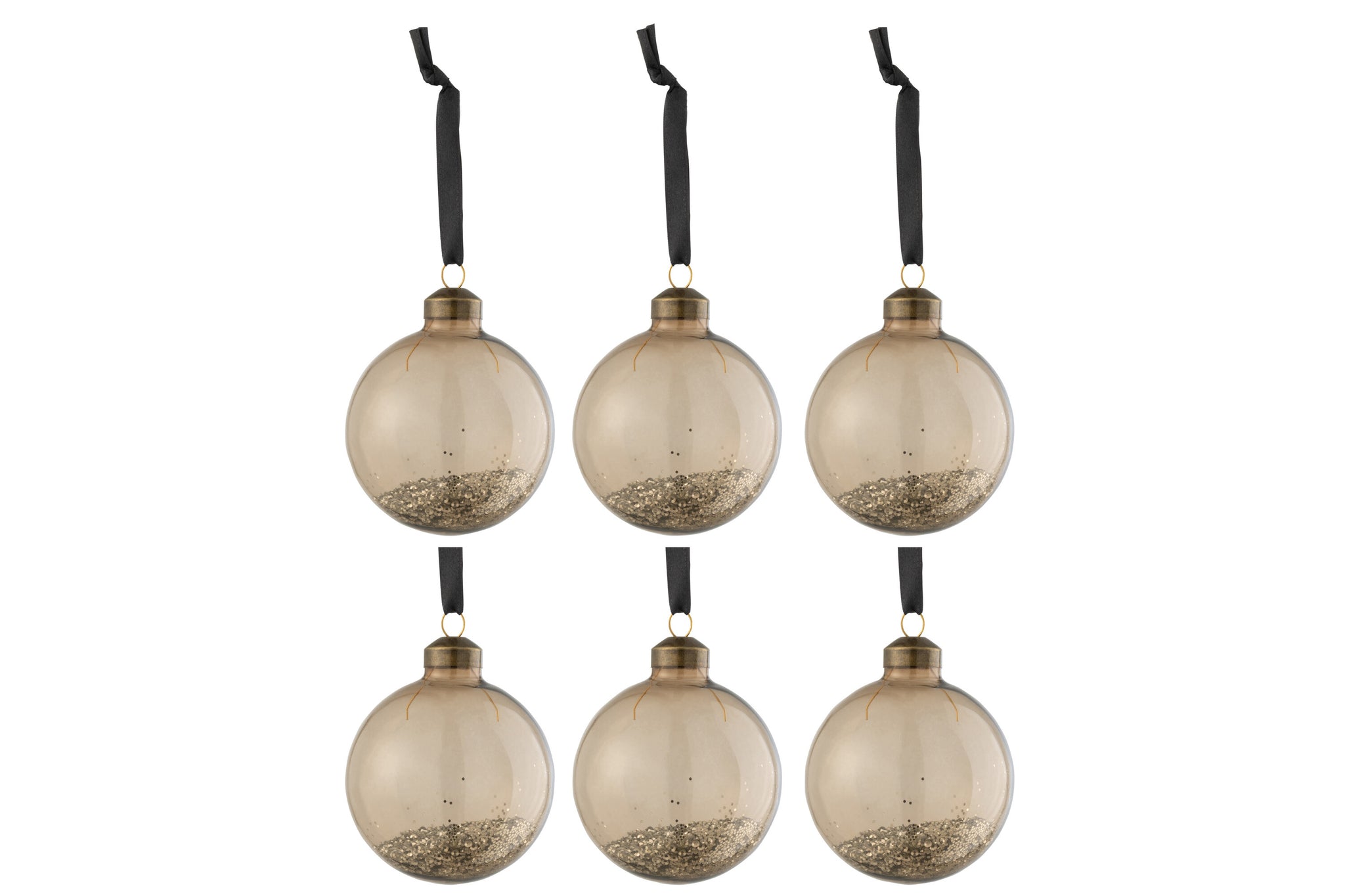 Doos Van 6 Kerstballen Glitter Binnen Glas Bruin J-Line