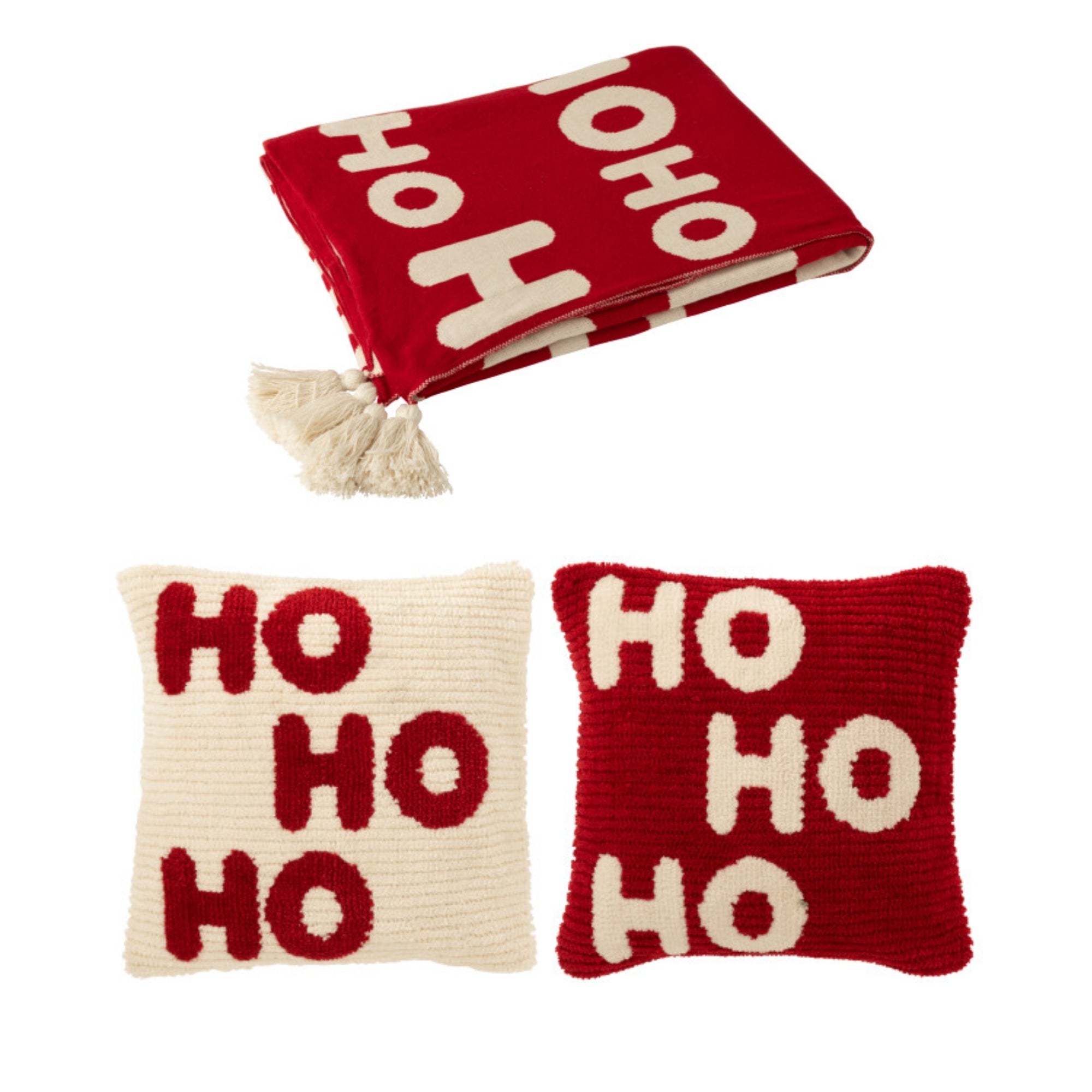 Kerstbundel Plaid & Kerstkussens HoHoHo Rood/Wit J-Line