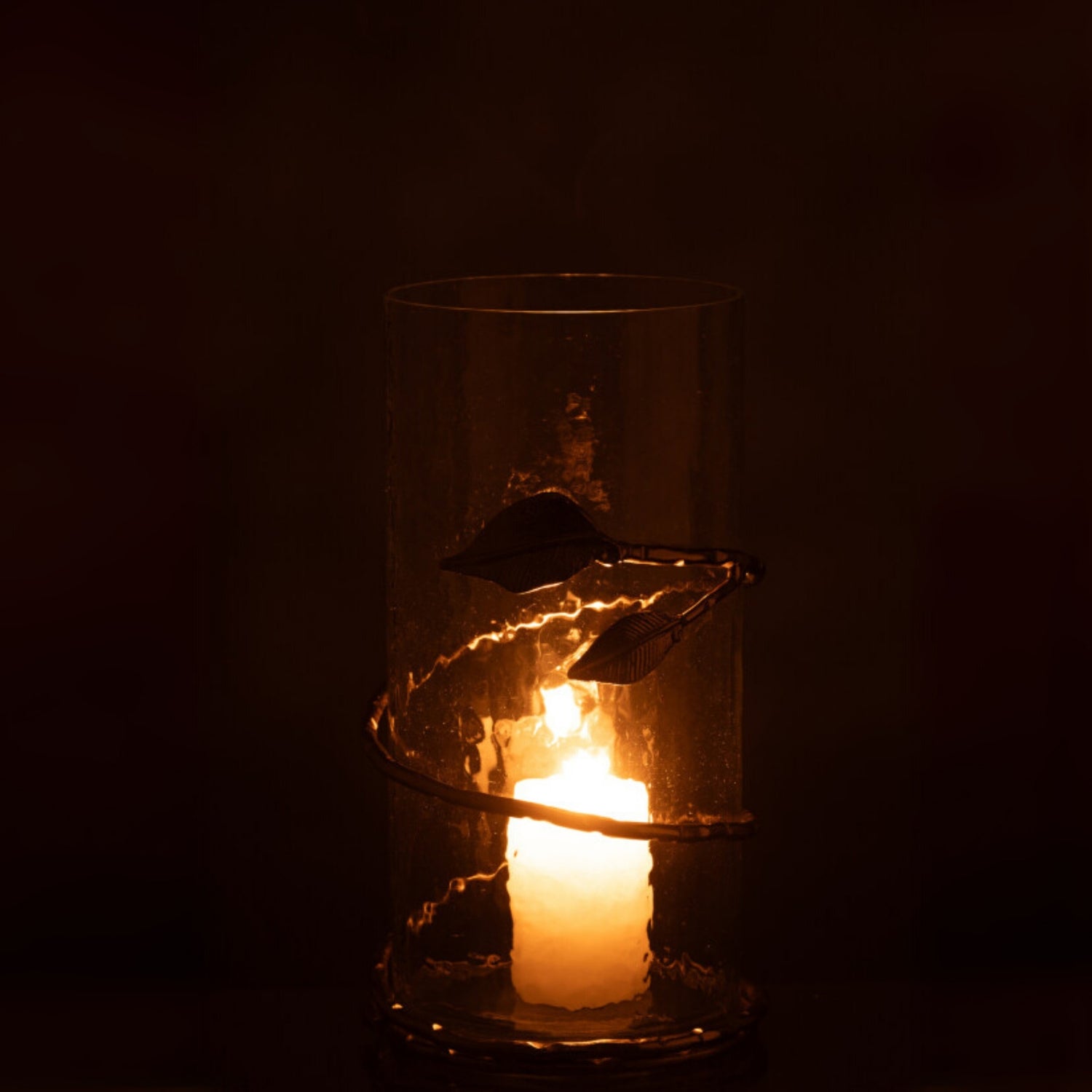 Glazen Windlicht met Gouden Bladeren Ø17.5x34cm J-Line