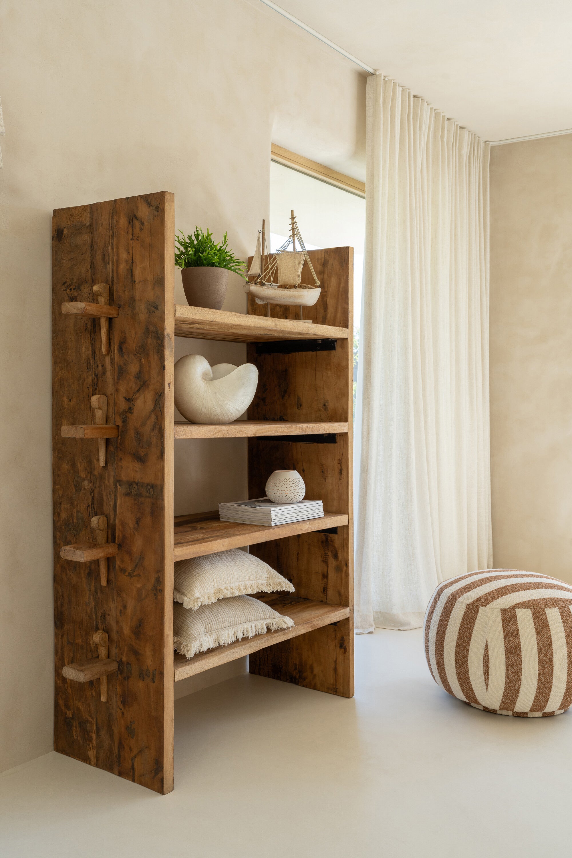 Loungestoel met Poef Gestreepte Stof Camel/Gebroken Wit J-Line