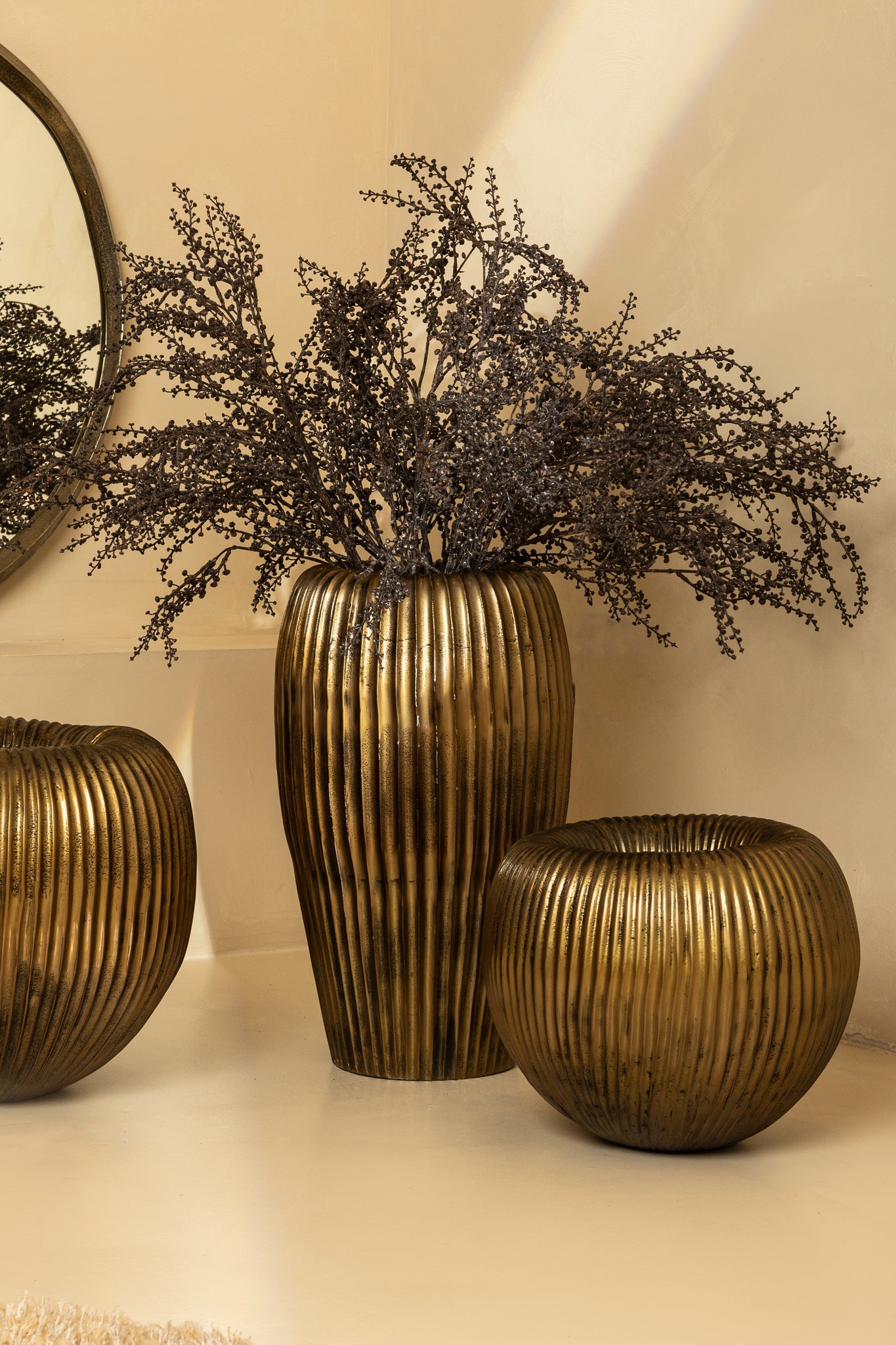 Russel Gold Alu Round Pot Ribbed High 35x32x63cm PTMD