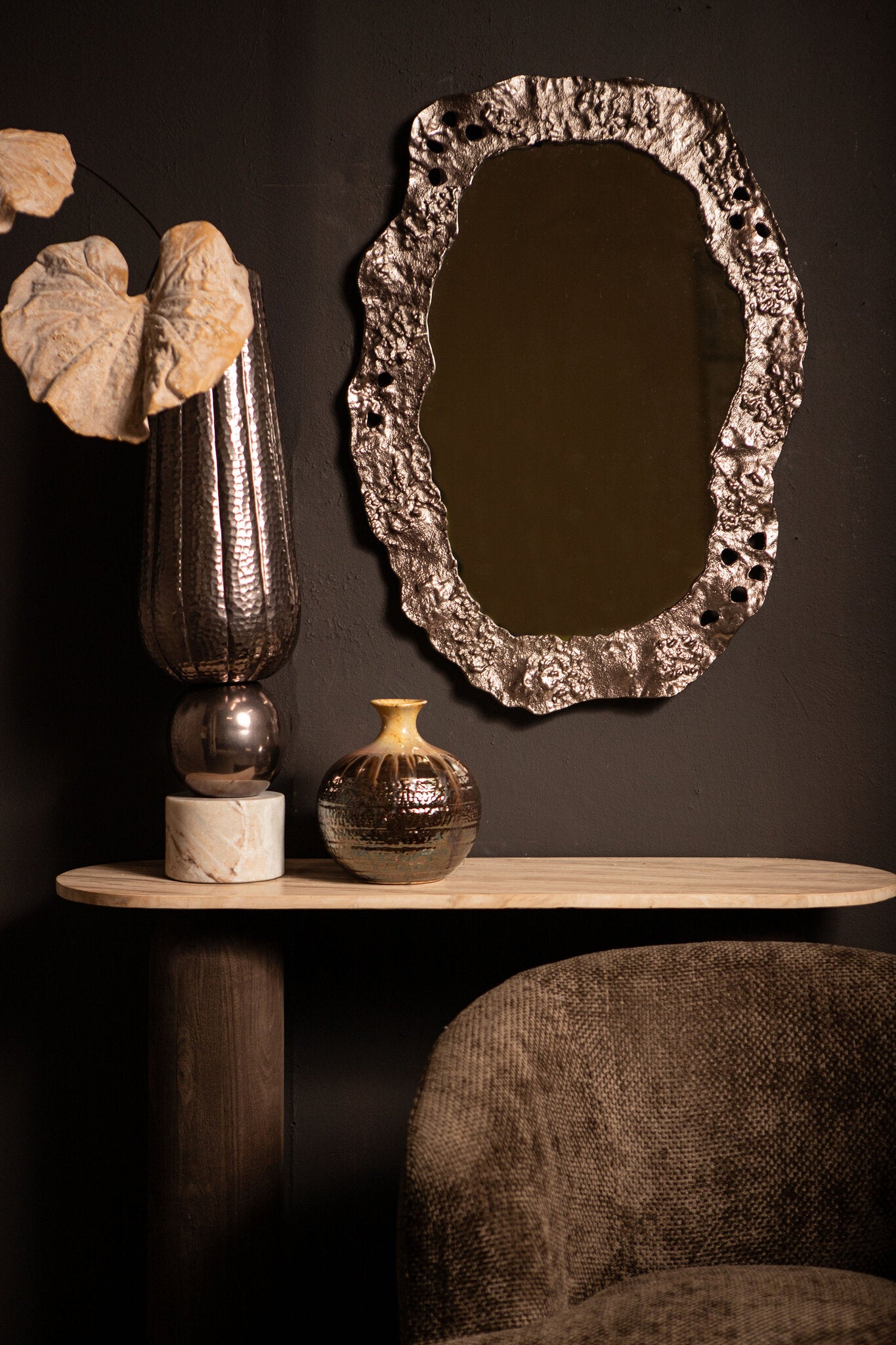 Marive Bronze Alu Sheet Vaas On Marmer Base Rond Dia20xH76cm PTMD