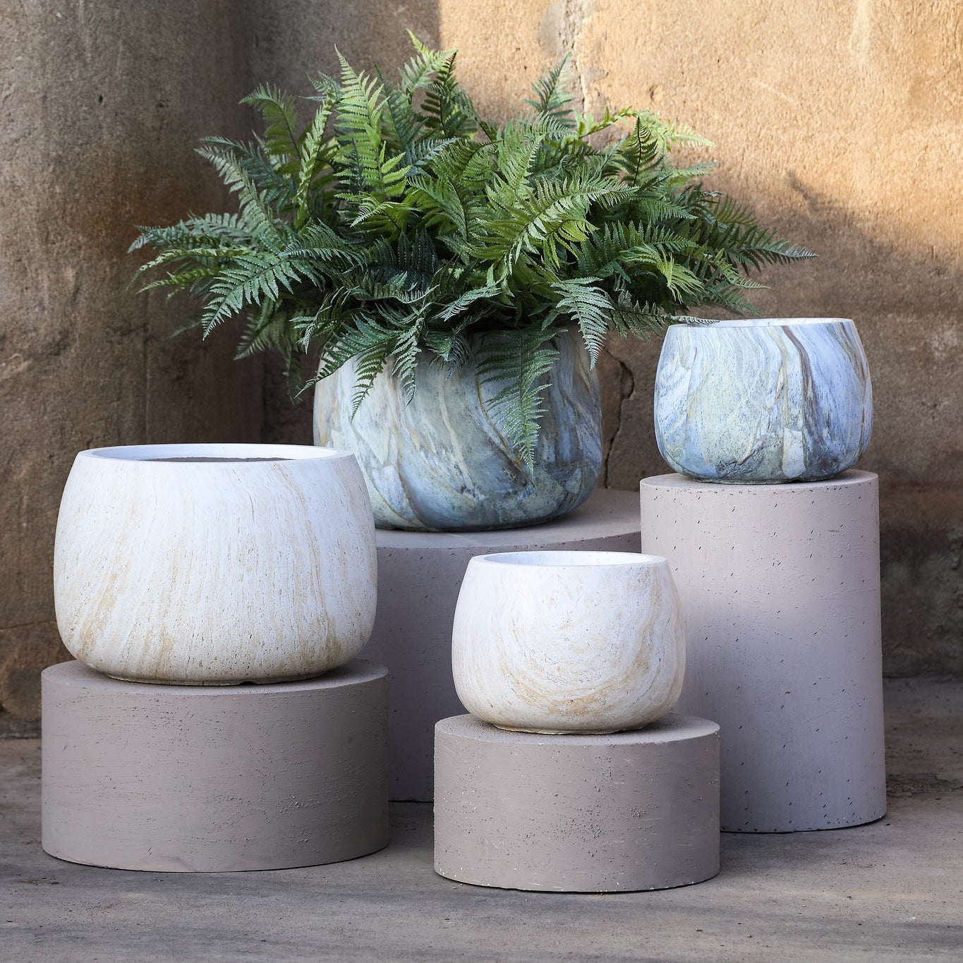 Amilee Beige GRC Marble Look Pot Round Set Of 2 PTMD