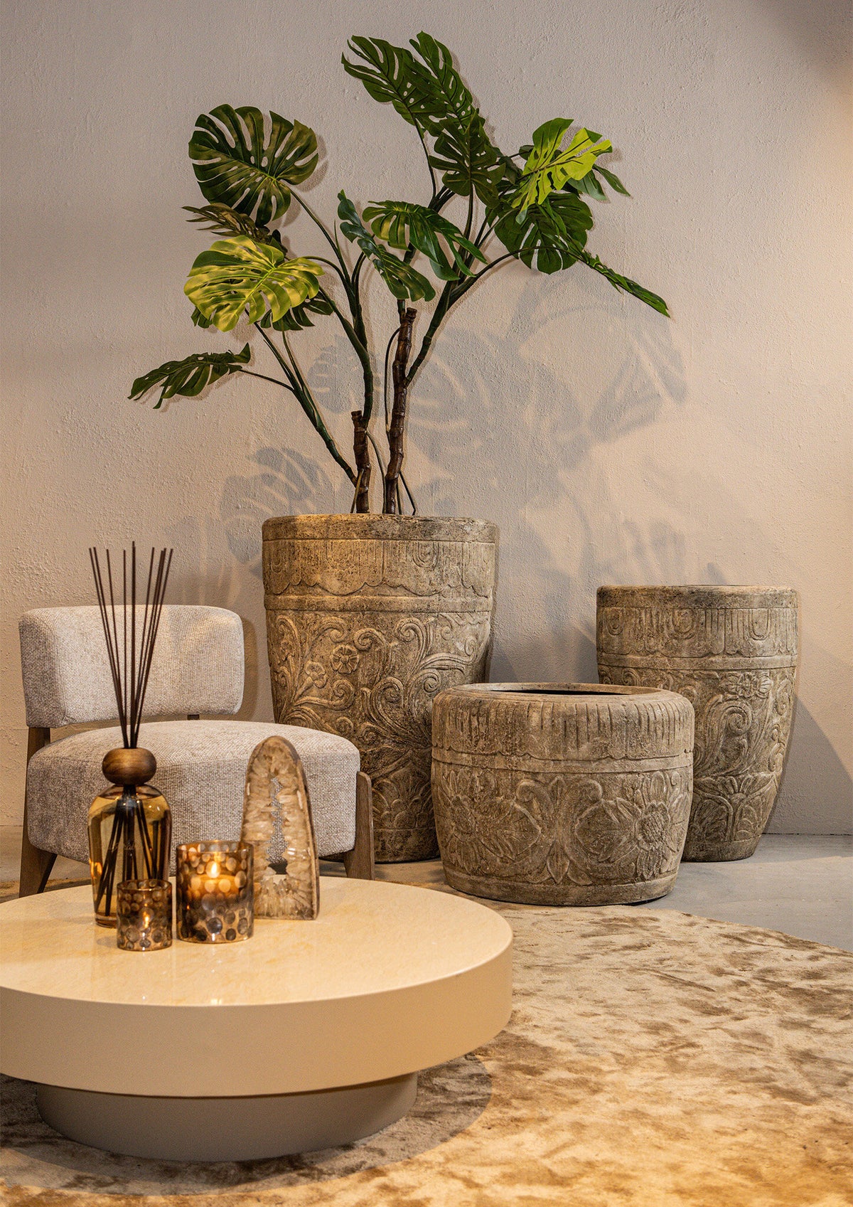 Sasha Creme Zementfaser Topf Blumenmuster Rund L PTMD