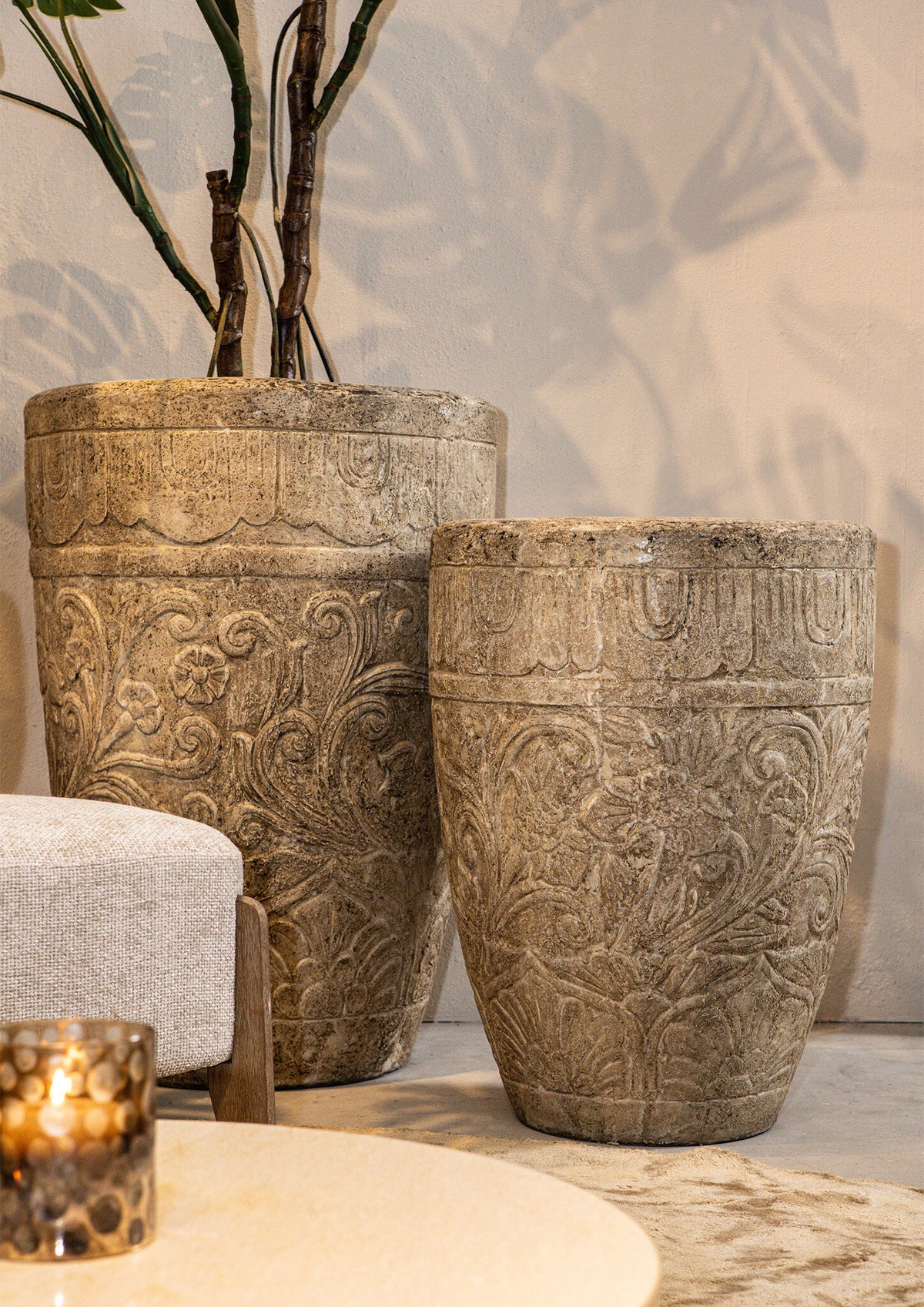 Sasha Creme Zementfaser Topf Blumenmuster Rund L PTMD