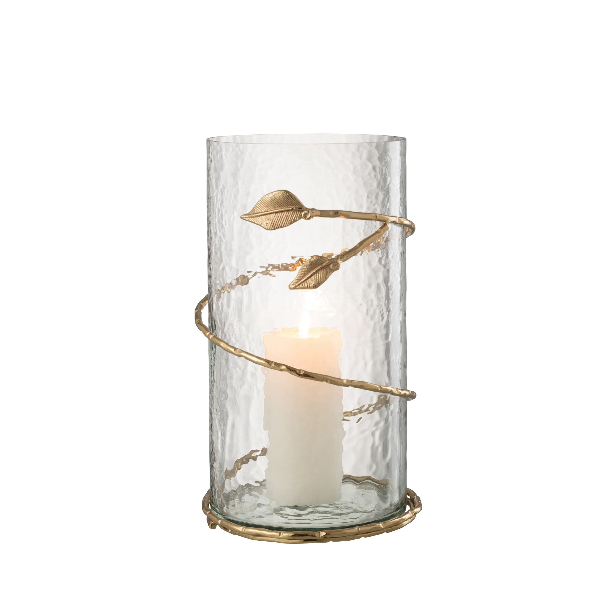 Glazen Windlicht met Gouden Bladeren Ø17.5x34cm J-Line