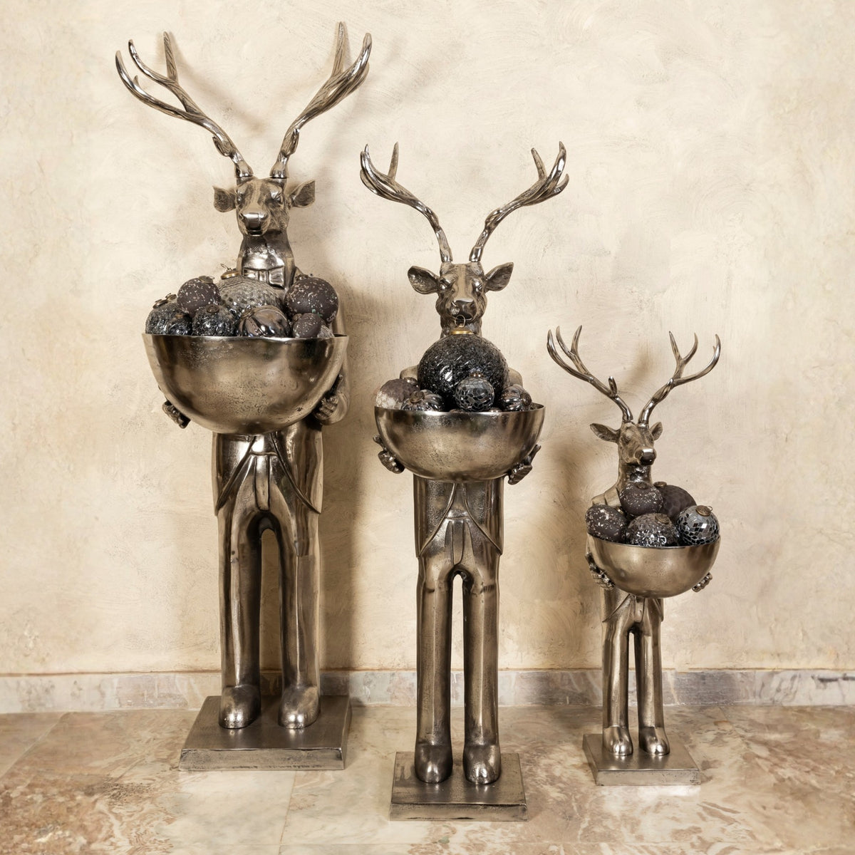 Rentierfigur mit Schale Gun Metal 192cm Large PTMD