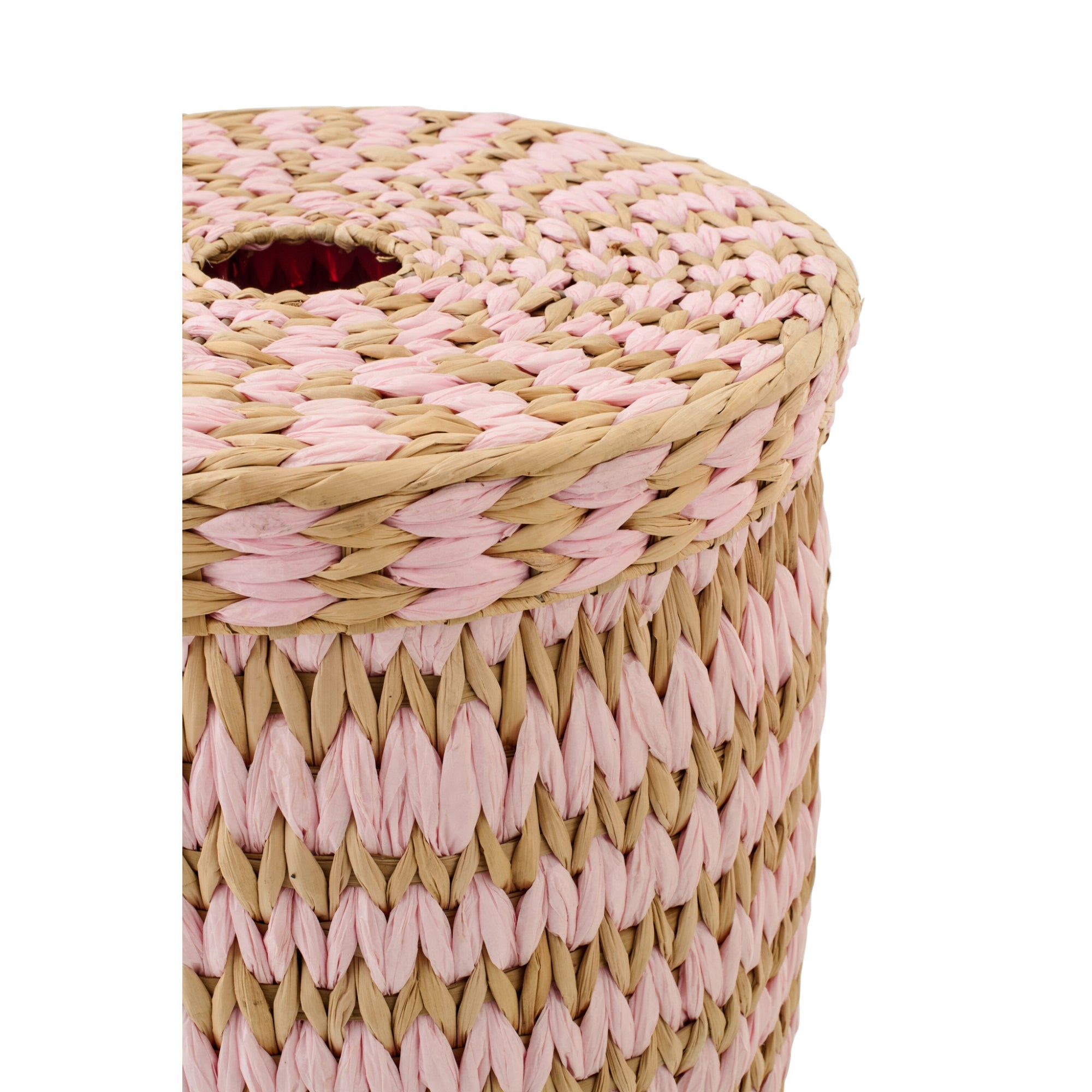 Set Van 2 Mand Met Deksel Gestreept Bies Naturel/Lichtroze J-Line