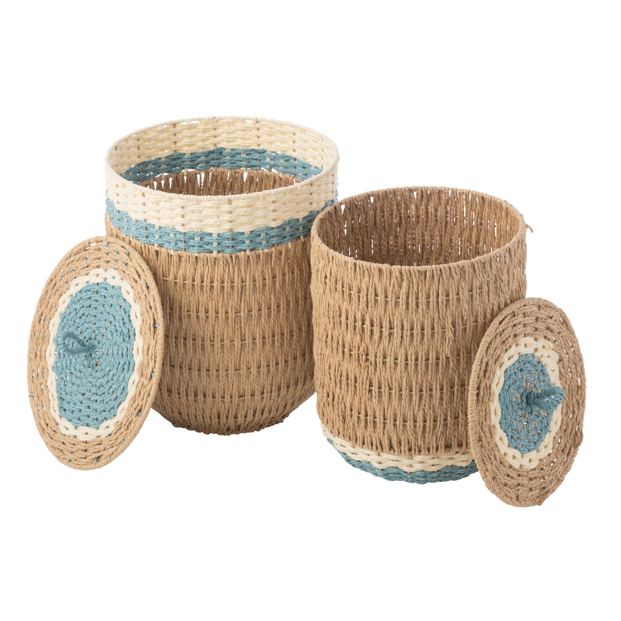 Set Van 2 Mand Met Deksel Gestreept Papier Naturel/Lichtblauw J-Line