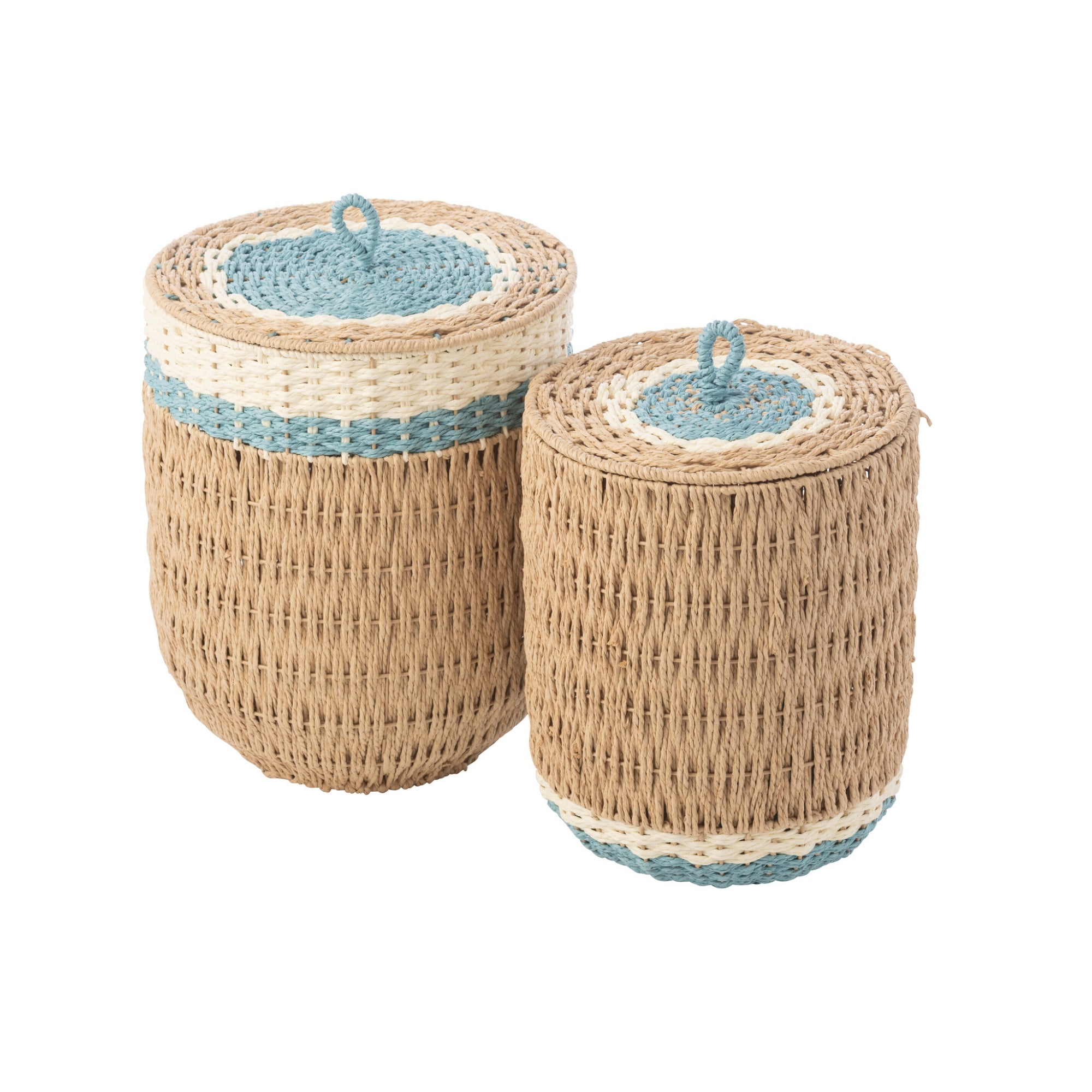 Set Van 2 Mand Met Deksel Gestreept Papier Naturel/Lichtblauw J-Line
