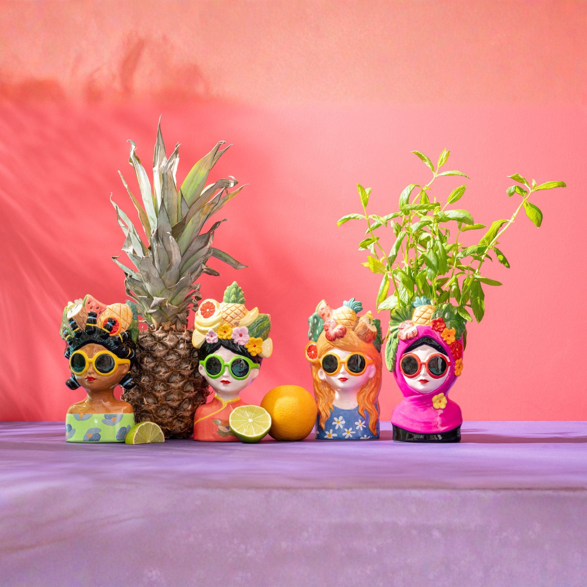 Bloempot Dame Fruit Keramiek Multi Assortiment Van 4 J-Line