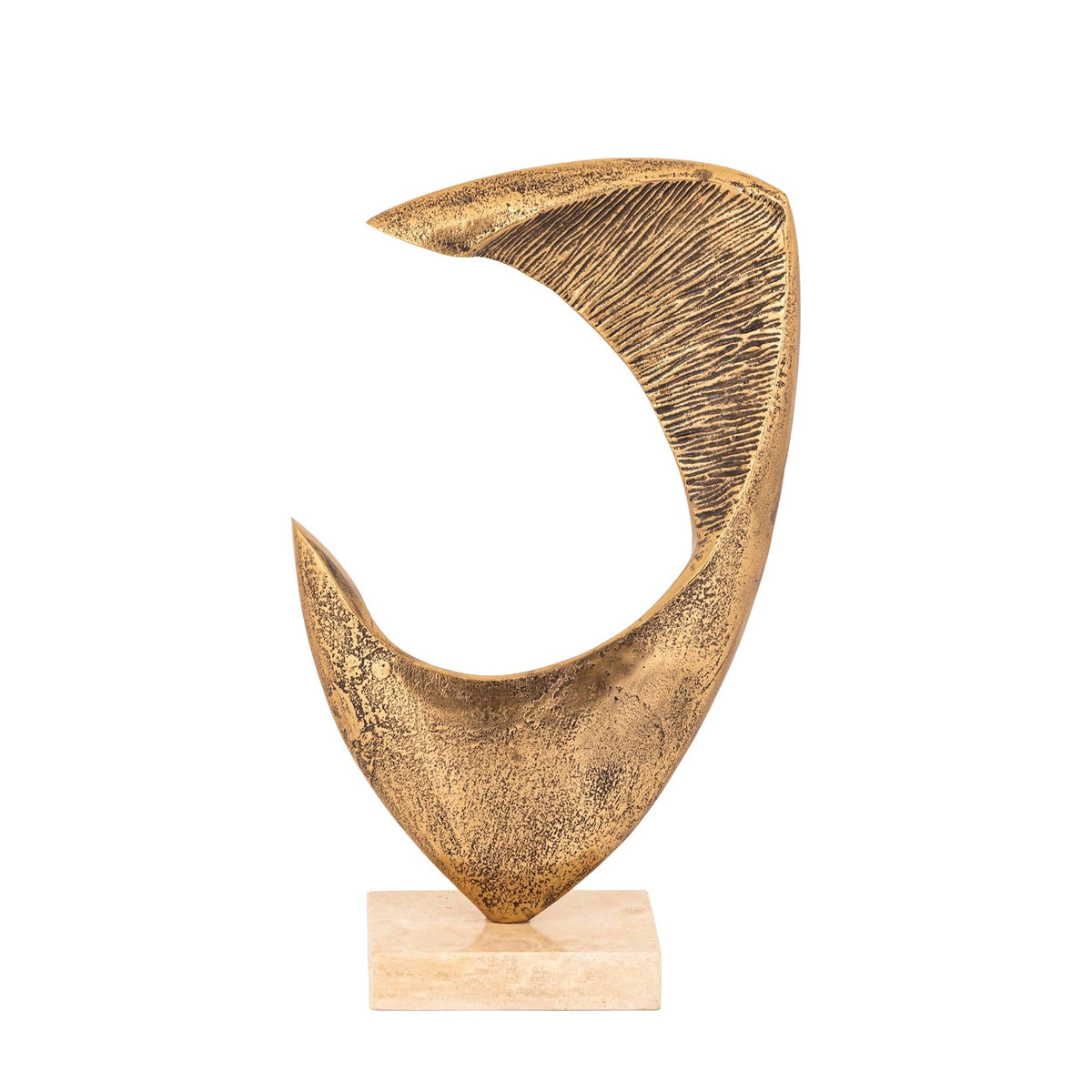 Bayle Beeld Gegoten Aluminium Goud Travertin Voet Large van PTMD, vooraanzicht, goud aluminium op travertin voet