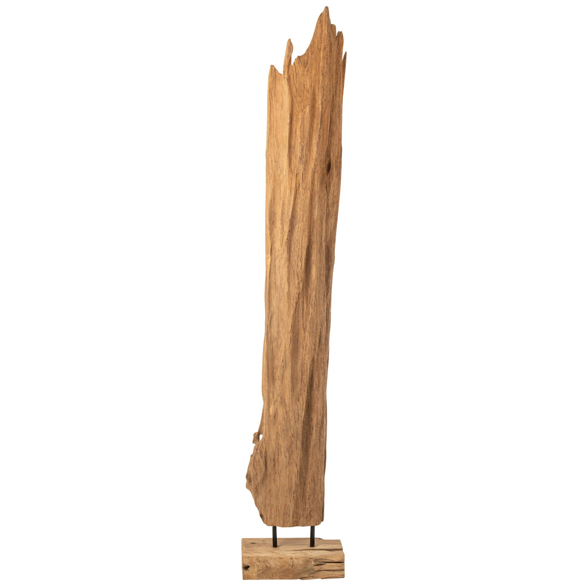 Beeld Abstract Mira van J-Line, hoge grillige sculptuur van naturel teakhout op sokkel, vooraanzicht