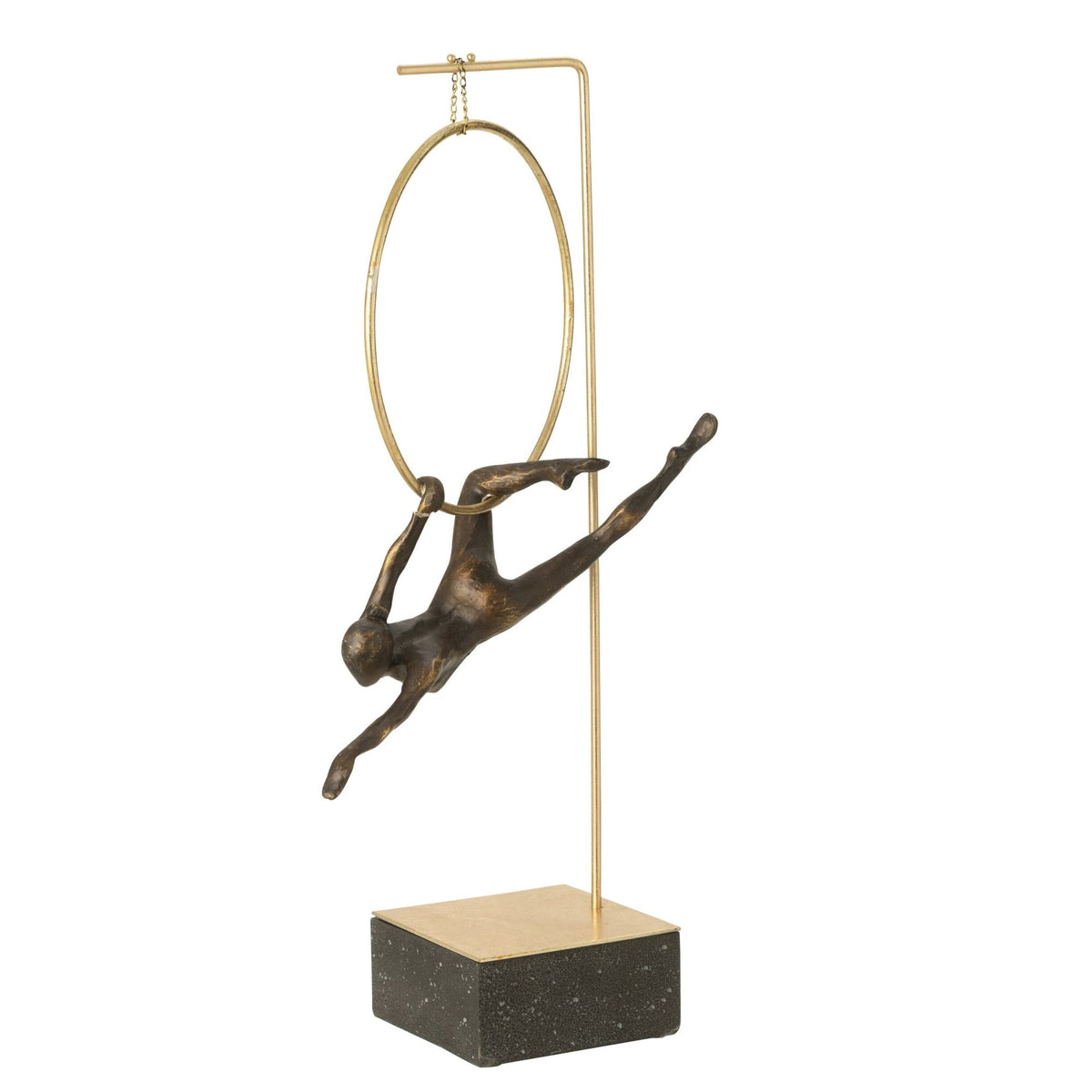Beeld Gymnast Hoepel Gamma van J-Line, hoog zwart beeld van een gymnast met hoepel en goudkleurige details, ander aanzicht