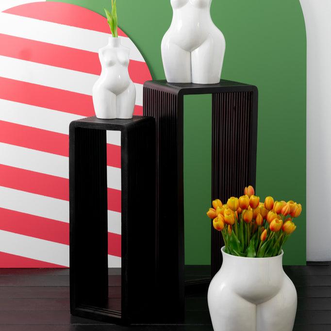 Bijzettafel kubus Gerecycleerd Teak Zwart Set van 2 - Zuil - J-Line - livinglovely.nl