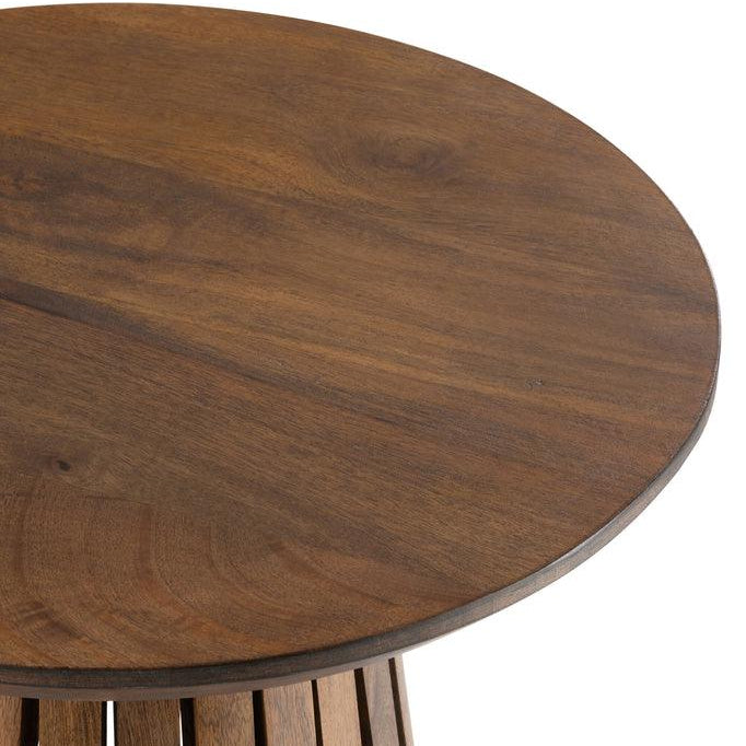 Bijzettafel Vincent van J-Line, detail van het ronde blad in bruin mangohout met houtnerf