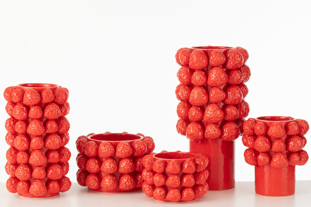 Bloempot Aardbeien Keramiek Rood Medium - Pot - J-Line - livinglovely.nl