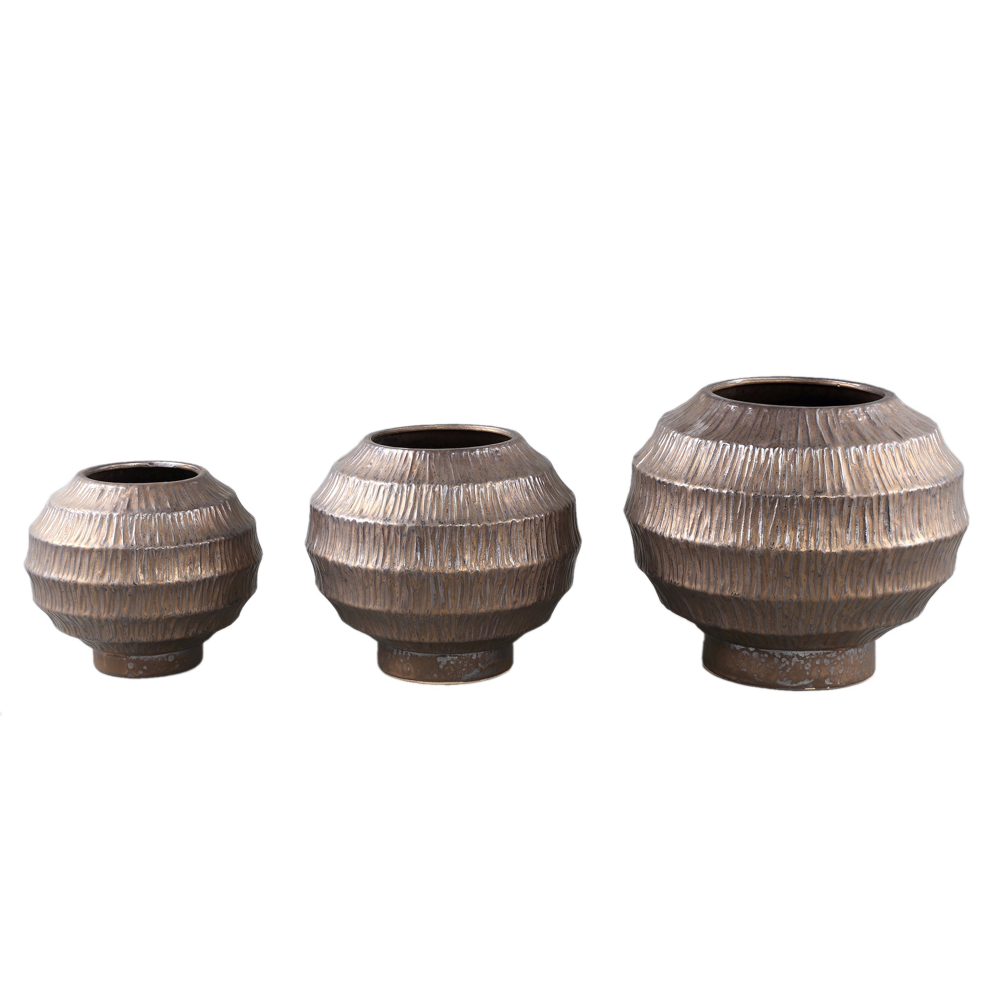 Cherith Bronze Round Ceramic Pot Ribbed M Dia28,5cmx26cm PTMD - Pot - PTMD - livinglovely.nl