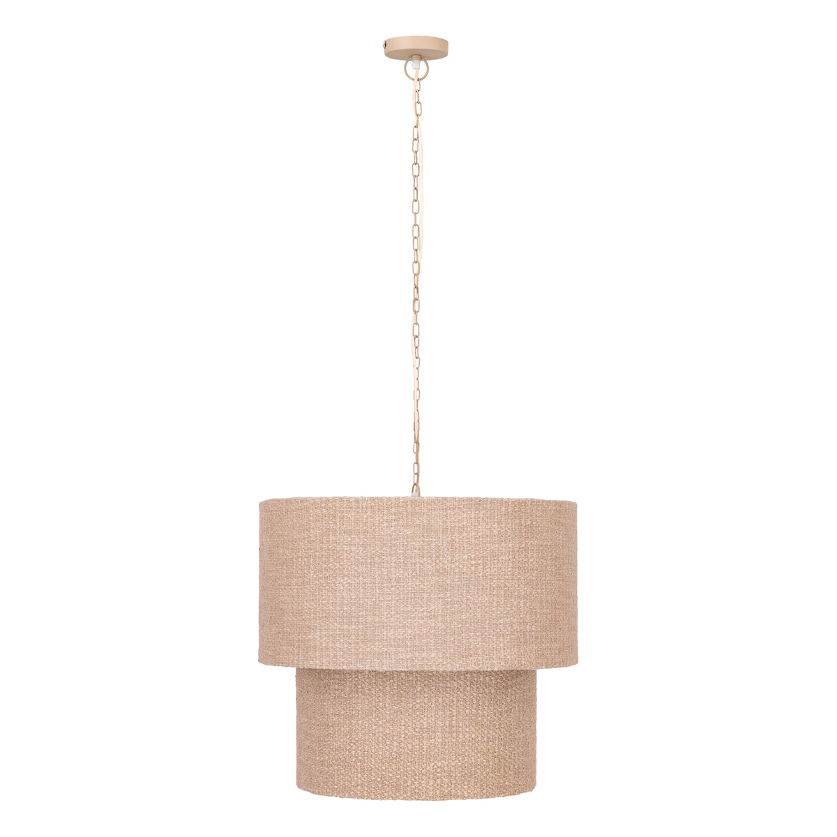 Devi hanglamp van PTMD, ronde dubbele kap van taupe stof met lang snoer op witte achtergrond