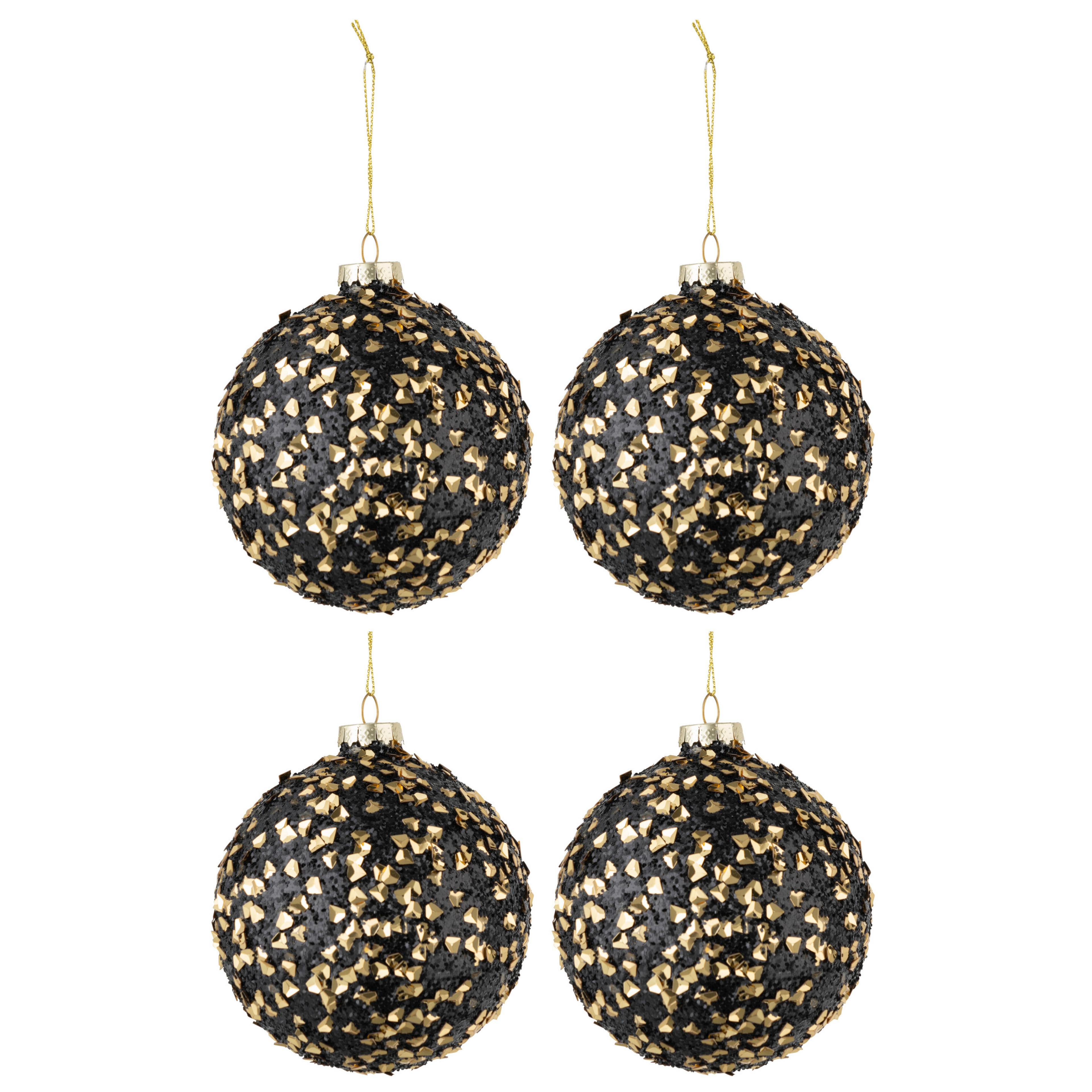 Doos Van 4 Kerstballen Glitter Paillettenglas Zwart Goud Medium - Kerstbal - J-Line - livinglovely.nl