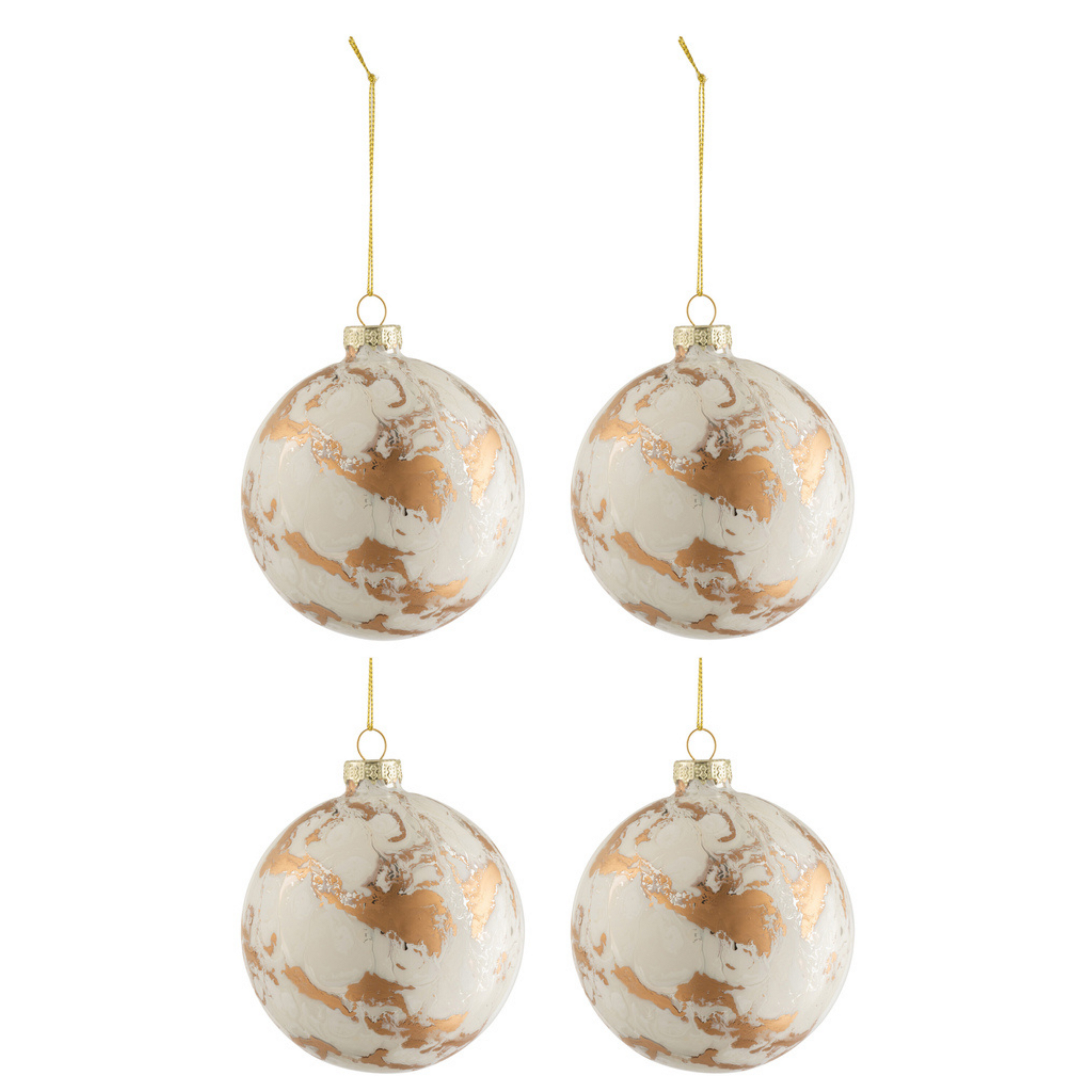 Doos Van 4 Kerstballen Marmerlook Glas Wit/Goud Medium - Kerstbal - J-Line - livinglovely.nl
