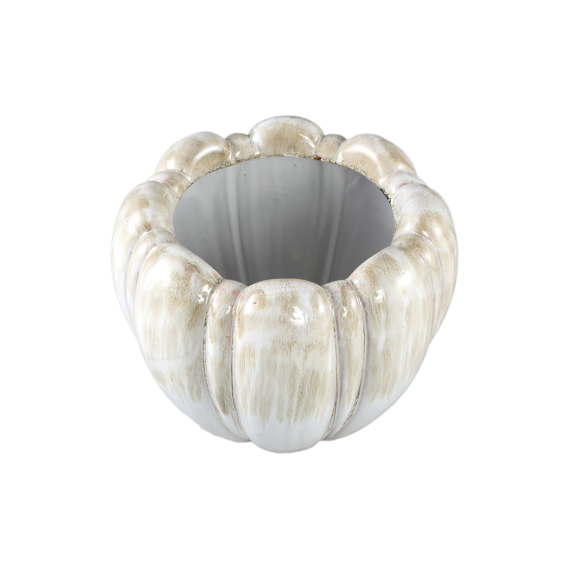 Dugan Cream Ceramic Pot Thick Ribbed Round L 27x27x21cm PTMD - Pot - PTMD - livinglovely.nl