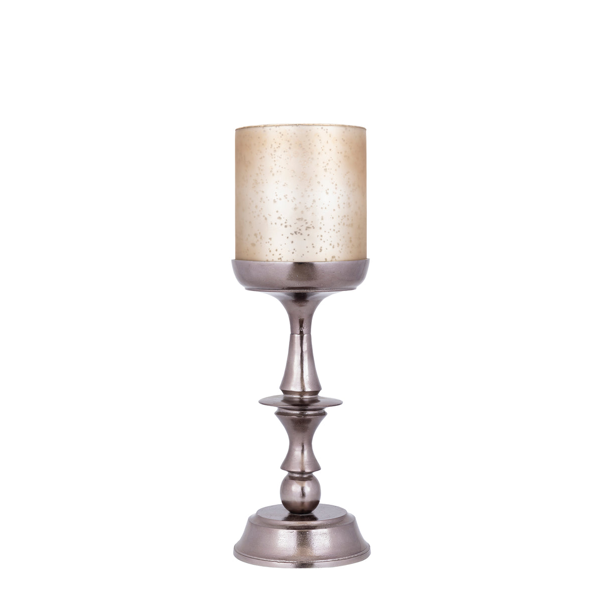 Eliviana Brass Casted Alu Stormlight Beige Glass M van PTMD, messingkleurig windlicht met beige glas op witte achtergrond