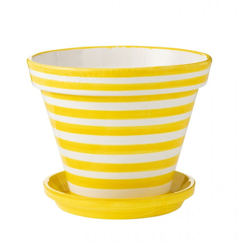 Flowerpot+Plate Granada Stripes Handmade+Painted Ceramic Yellow Extra Large
