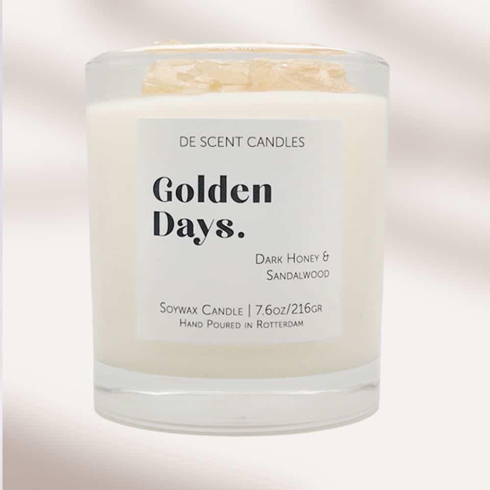 Geurkaars Golden Days met Edelstenen Incl Spotify Playlist - Geurkaars - De Scent - livinglovely.nl