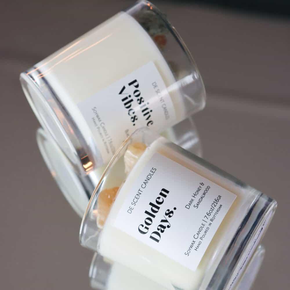 Geurkaars Golden Days met Edelstenen Incl Spotify Playlist - Geurkaars - De Scent - livinglovely.nl