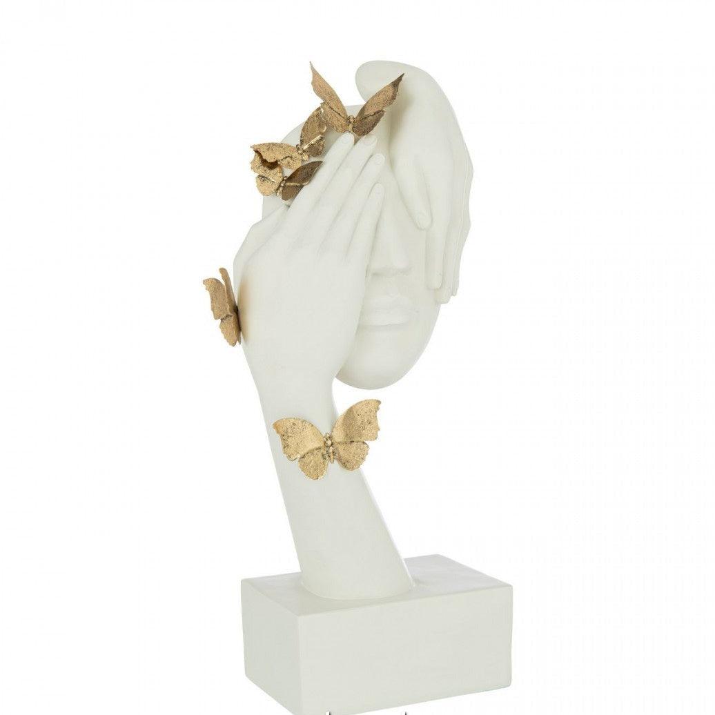 Gezicht Vlinders Staander Poly Wit/Goud - Beeld - J-Line - livinglovely.nl