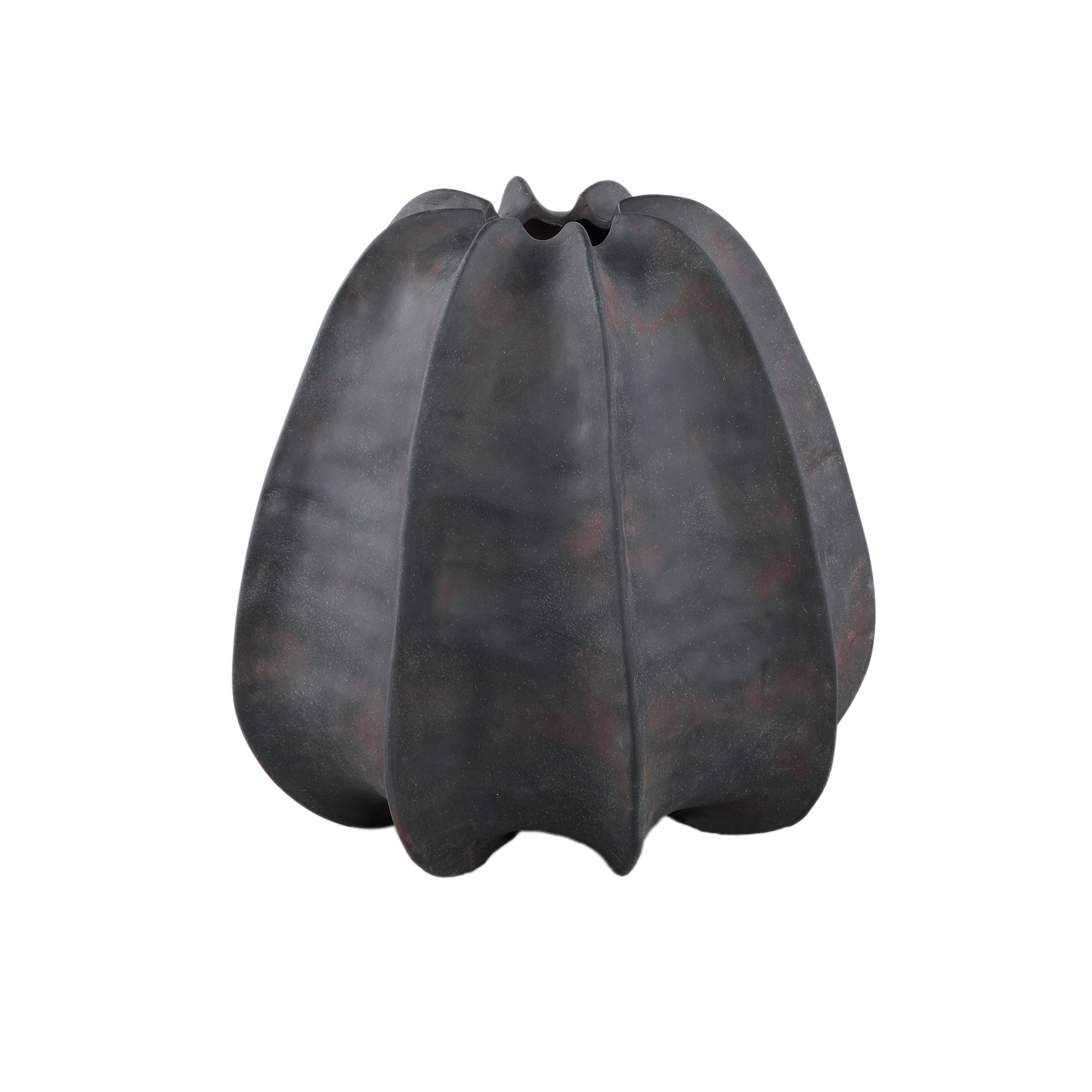 Grayson Black Ceramic Round Ribbed Vase Wide Dia34cmxH34cm PTMD - Vaas - PTMD - livinglovely.nl