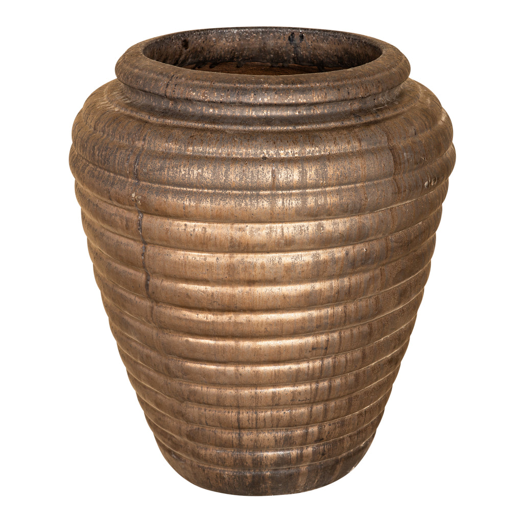 Jerzy Bronze Ceramic Pot Ribbed Round Shaped Small PTMD - Pot - PTMD - livinglovely.nl