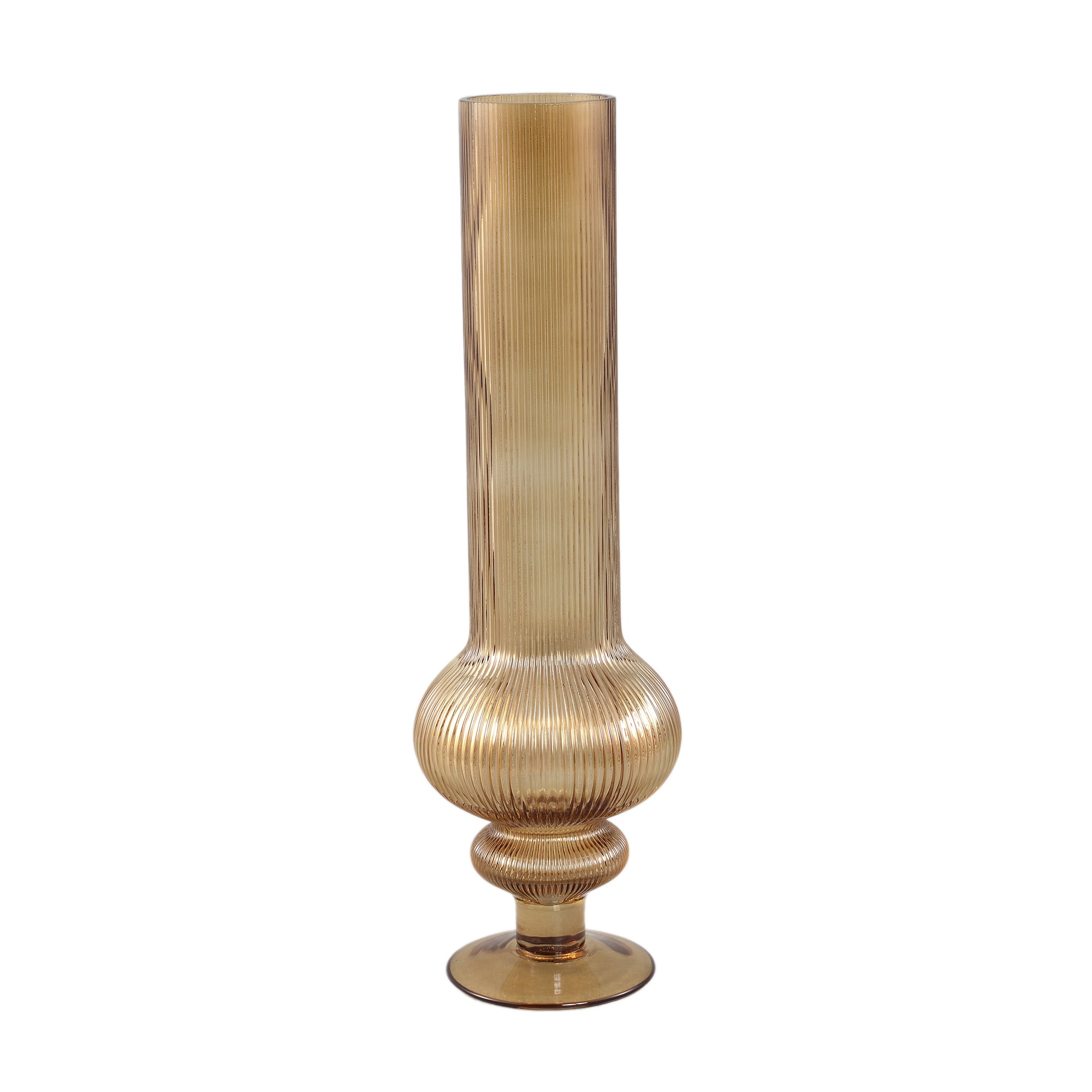 Keala Amber Round Ribbed Glass Vase On Base L Dia 15,5xH50cm PTMD - Vaas - PTMD - livinglovely.nl
