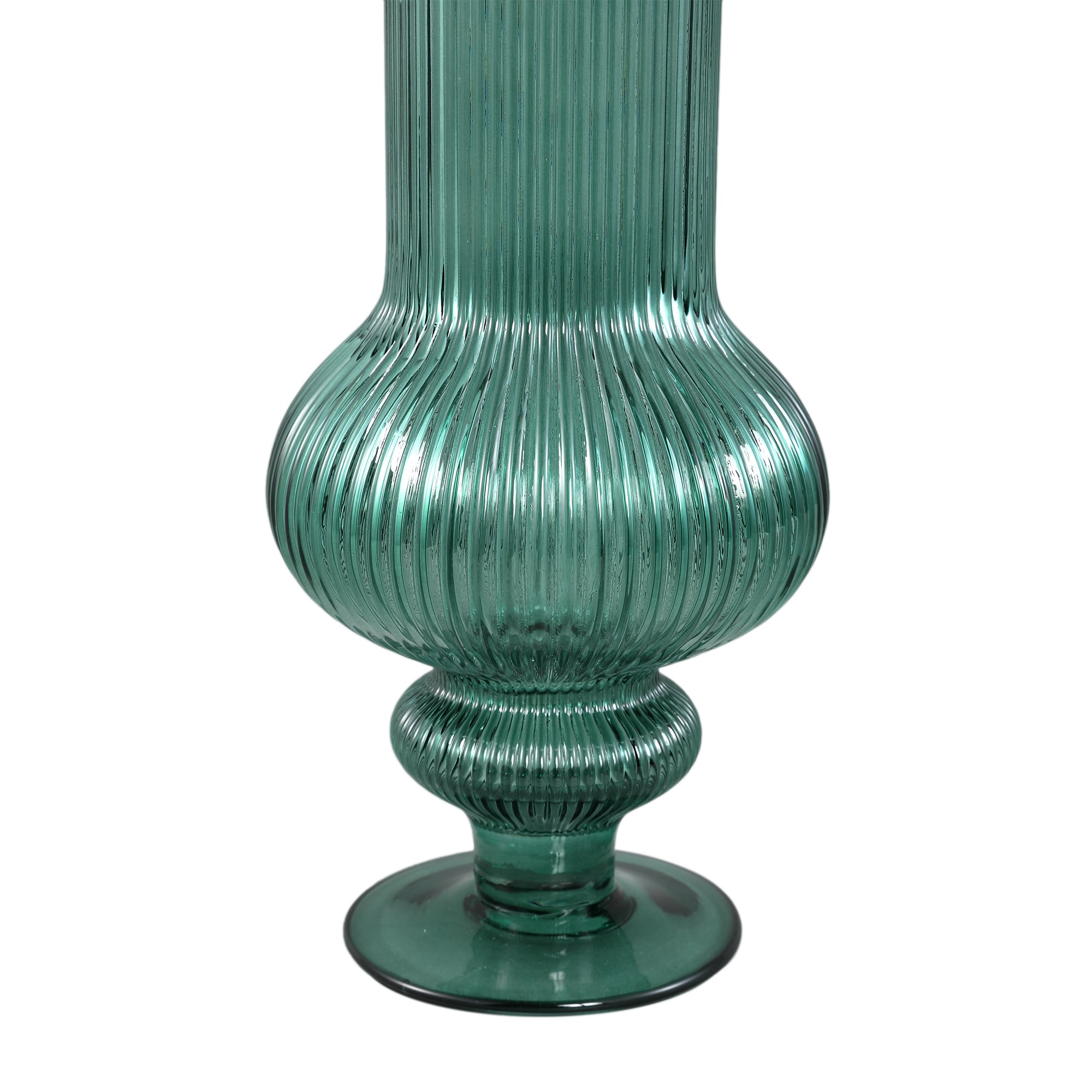Keala Dark Green Round Ribbed Glass Vase On Base S Dia13,5xH40cm PTMD - Vaas - PTMD - livinglovely.nl