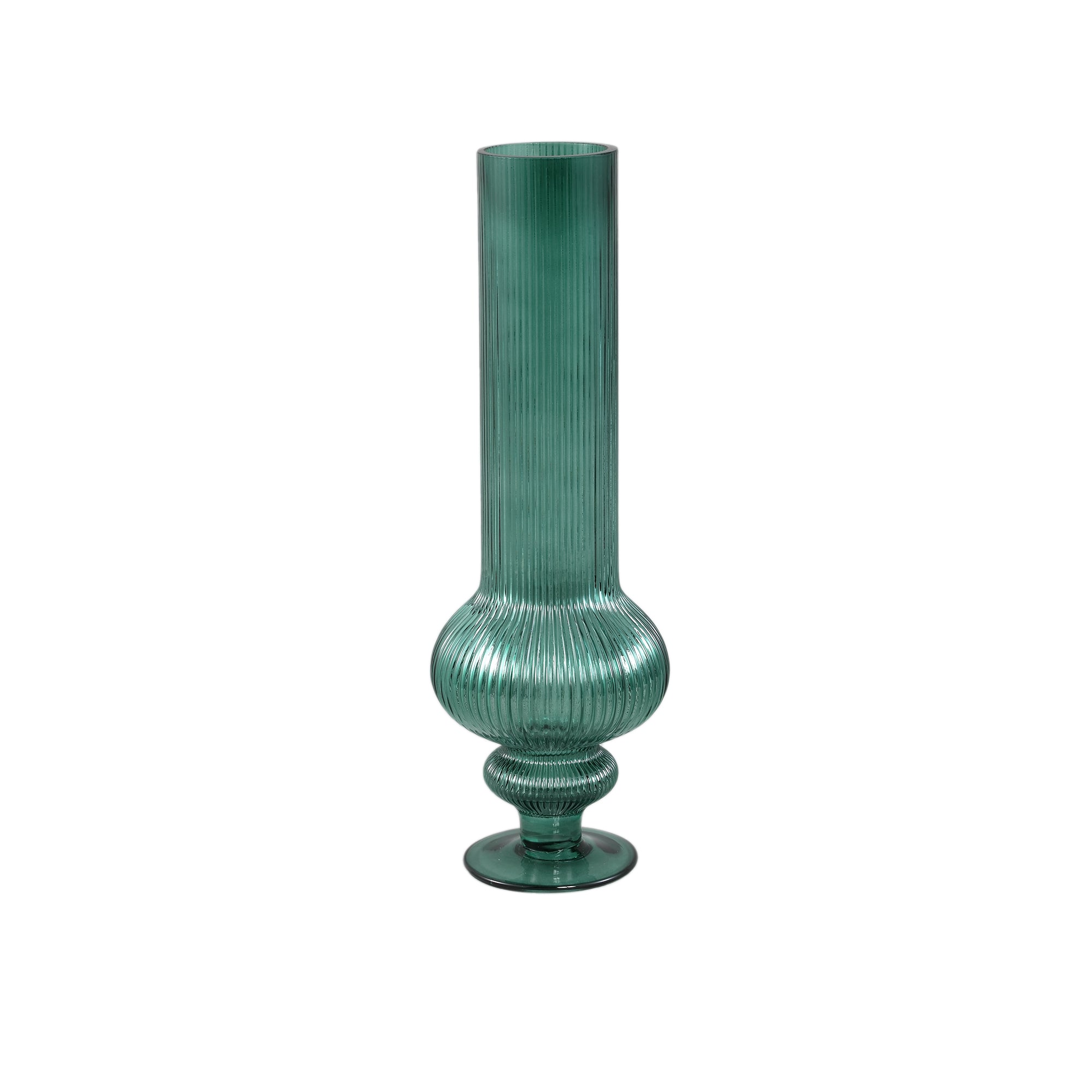 Keala Dark Green Round Ribbed Glass Vase On Base S Dia13,5xH40cm PTMD - Vaas - PTMD - livinglovely.nl