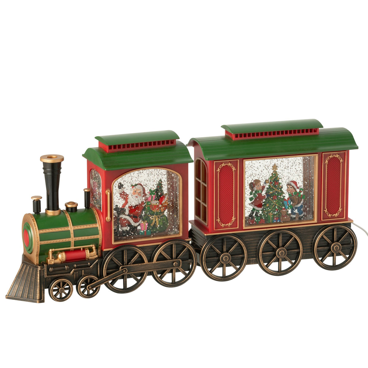 Meerkleurige kersttrein van J-Line van opzij, verlichte wagons
