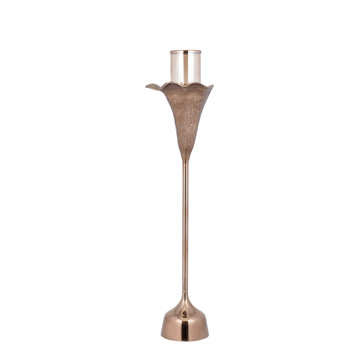 Kourtney Bronze Casted Alu Stormlight Flower L van PTMD, bronskleurig windlicht in bloemvorm op witte achtergrond