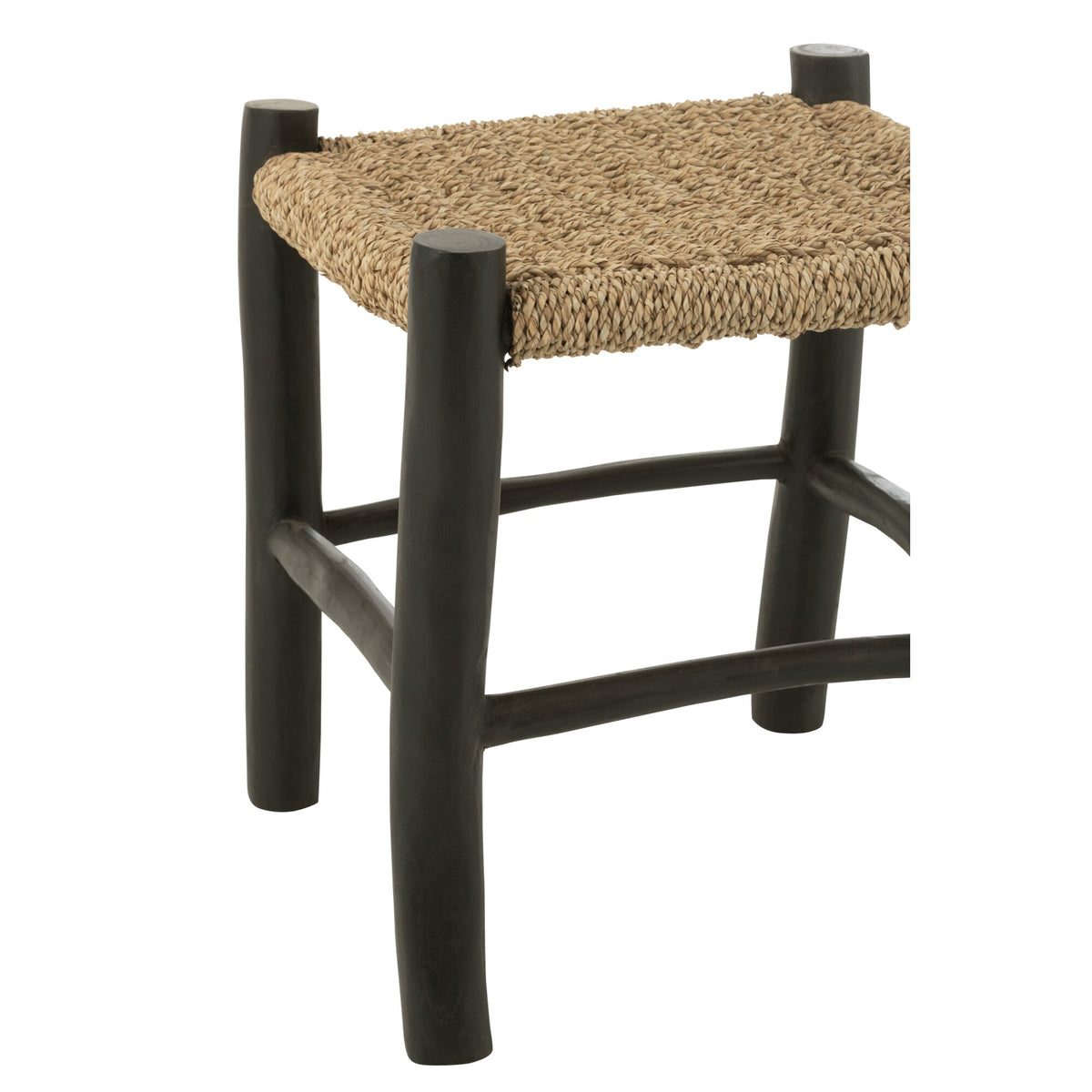 Kruk Vierkant Teak Hout/Zeegras Zwart/Naturel