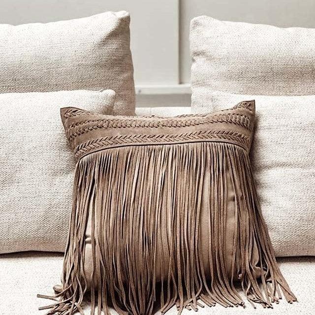 Kussen Franjes Vierkant Leer Lichtgrijs - Kussen - J-Line - livinglovely.nl