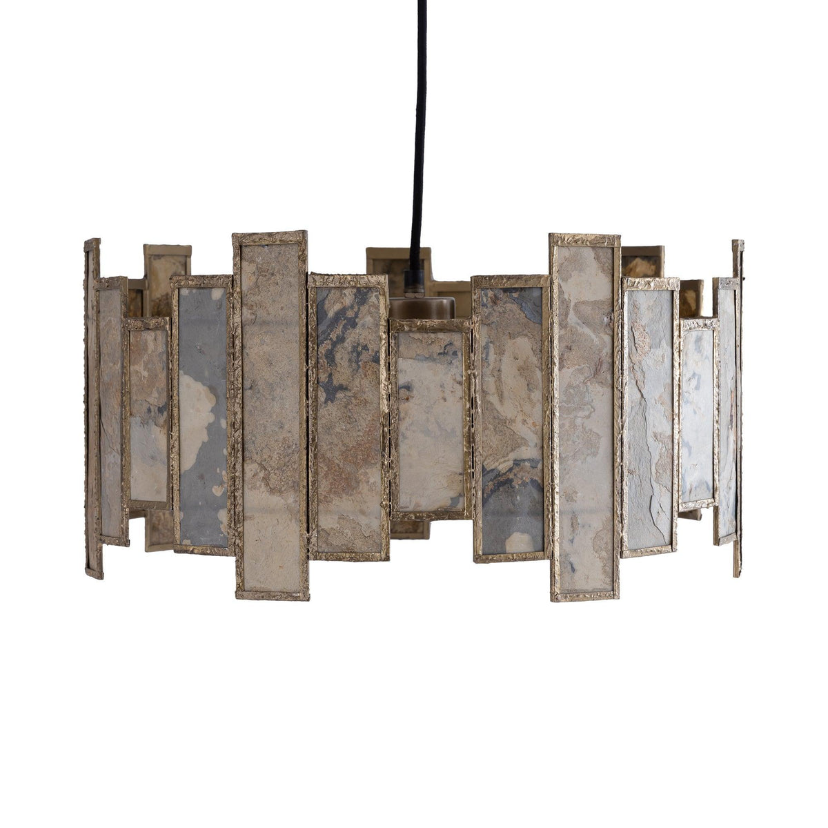 Levan Hanglamp Steenfineer Messingkleur Rond van PTMD, ronde hanglamp met panelen van steenfineer in messingkleur