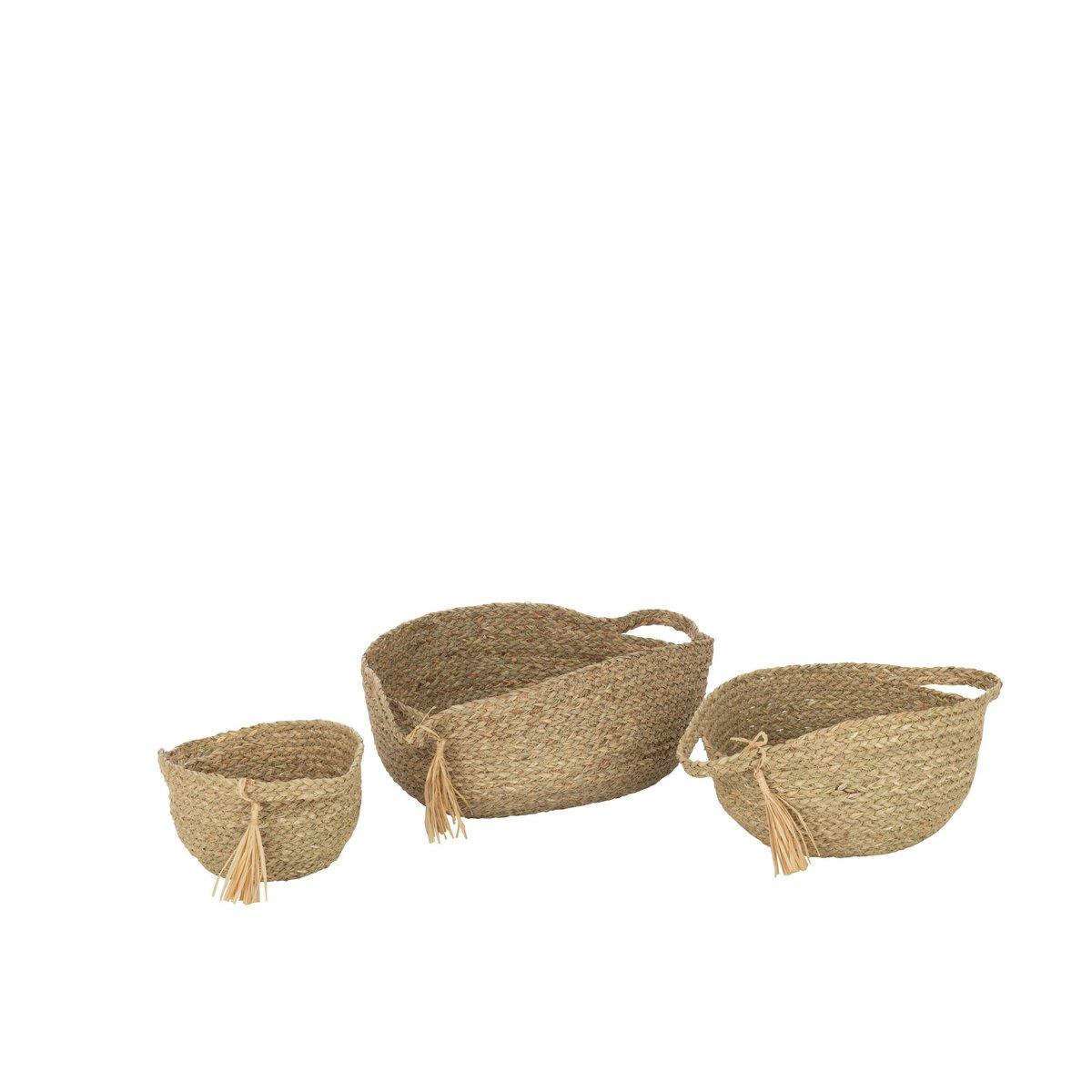 Mand Rond Met Handvat+ Kwast Gras Naturel Set van 3 - Mand - J-Line - livinglovely.nl