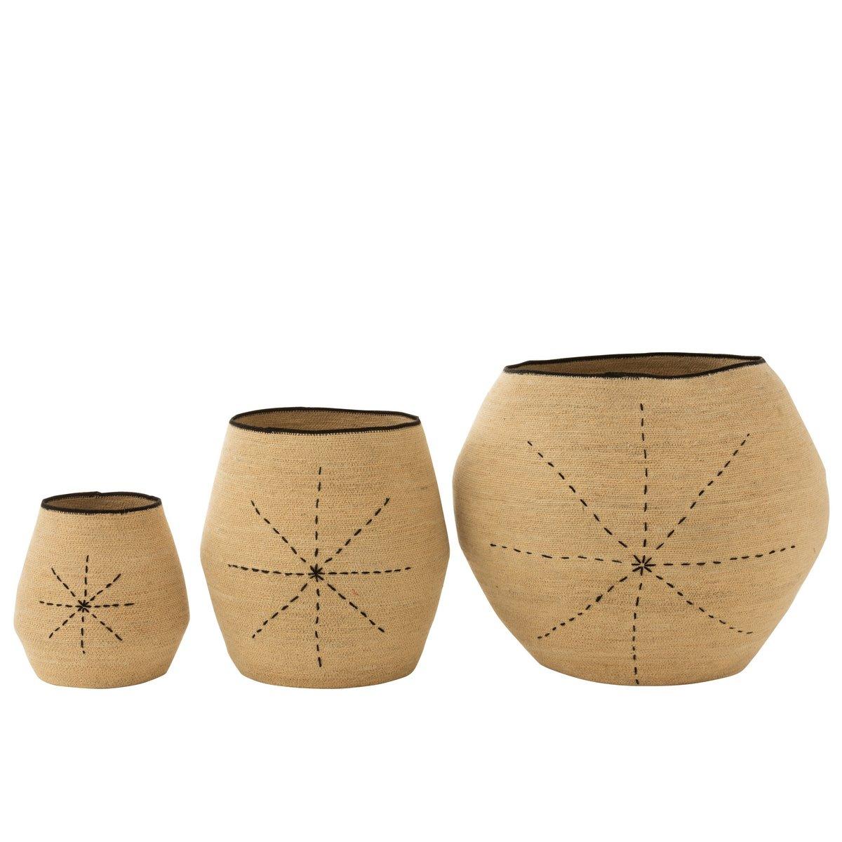 Mand Ster Stippellijnen Zeegras Naturel/Zwart Set van 3 - Mand - J-Line - livinglovely.nl