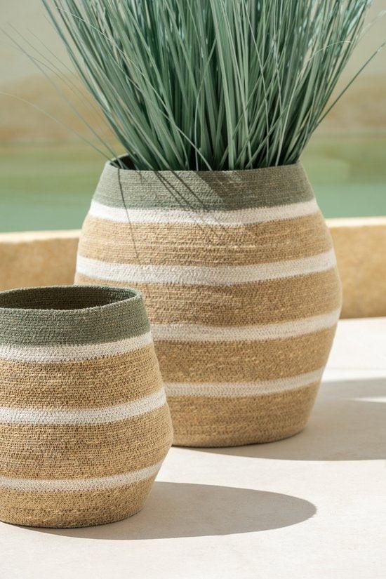 Mand Strepen Zeegras Groen/Naturel Set van 3 - Mand - J-Line - livinglovely.nl