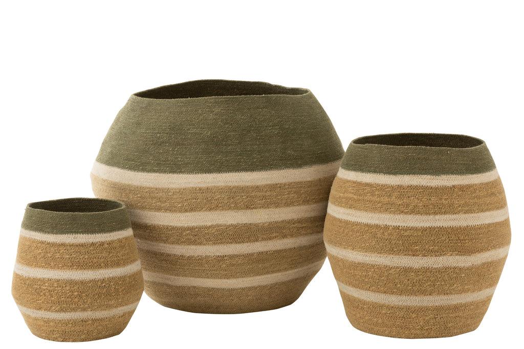 Mand Strepen Zeegras Groen/Naturel Set van 3 - Mand - J-Line - livinglovely.nl