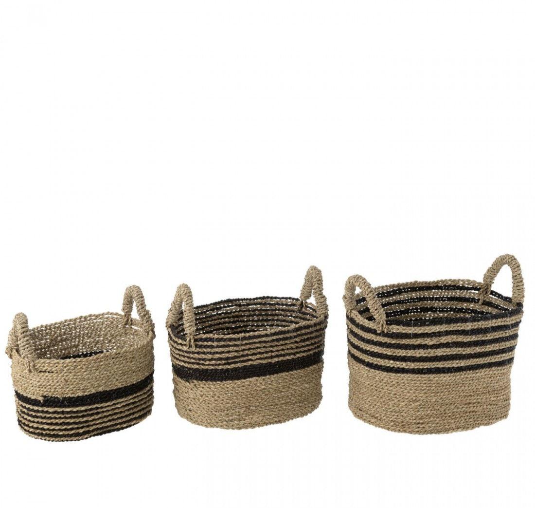 Manden Aline Raffia Zwart/Naturel Set van 3 - Mand - J-Line - livinglovely.nl