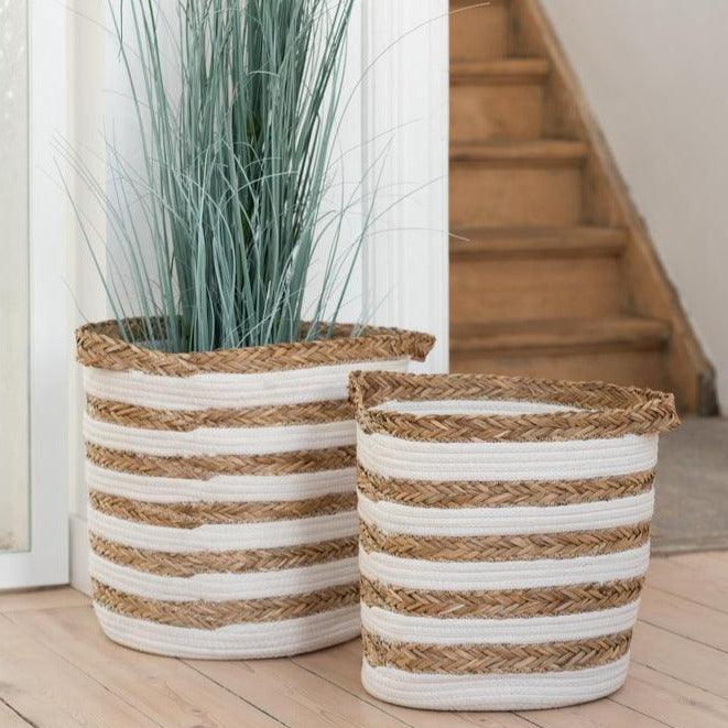 Manden Gestreept Gras/Katoen Naturel/Wit Set van 2 - Mand - J-Line - livinglovely.nl