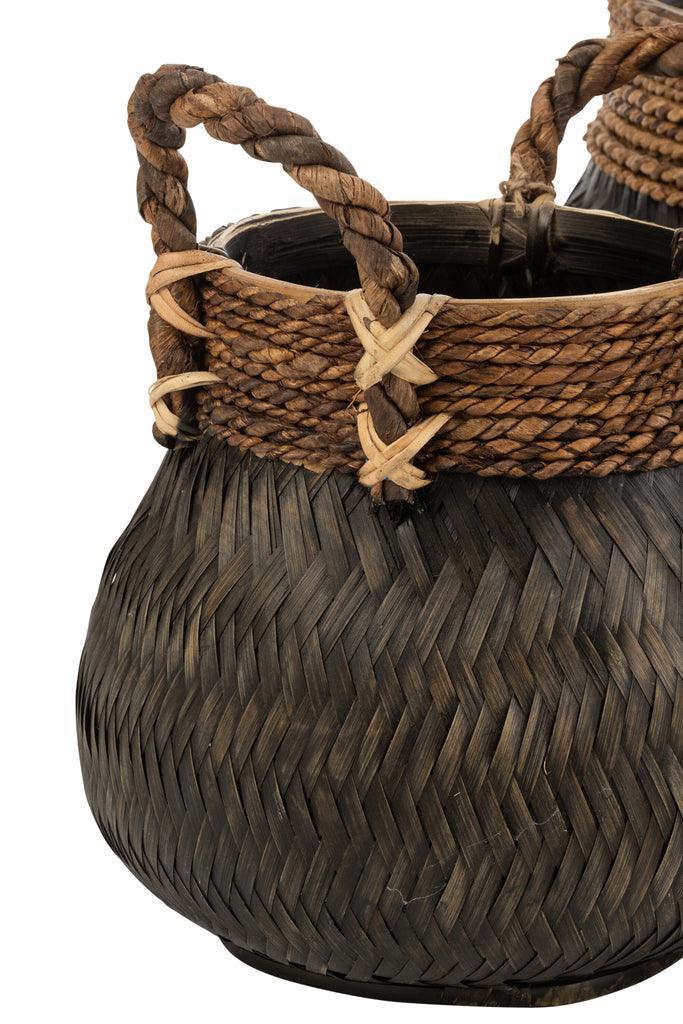Manden + Handvat Bol Bamboe + Touw Zwart Set van 3 - Mand - J-Line - livinglovely.nl